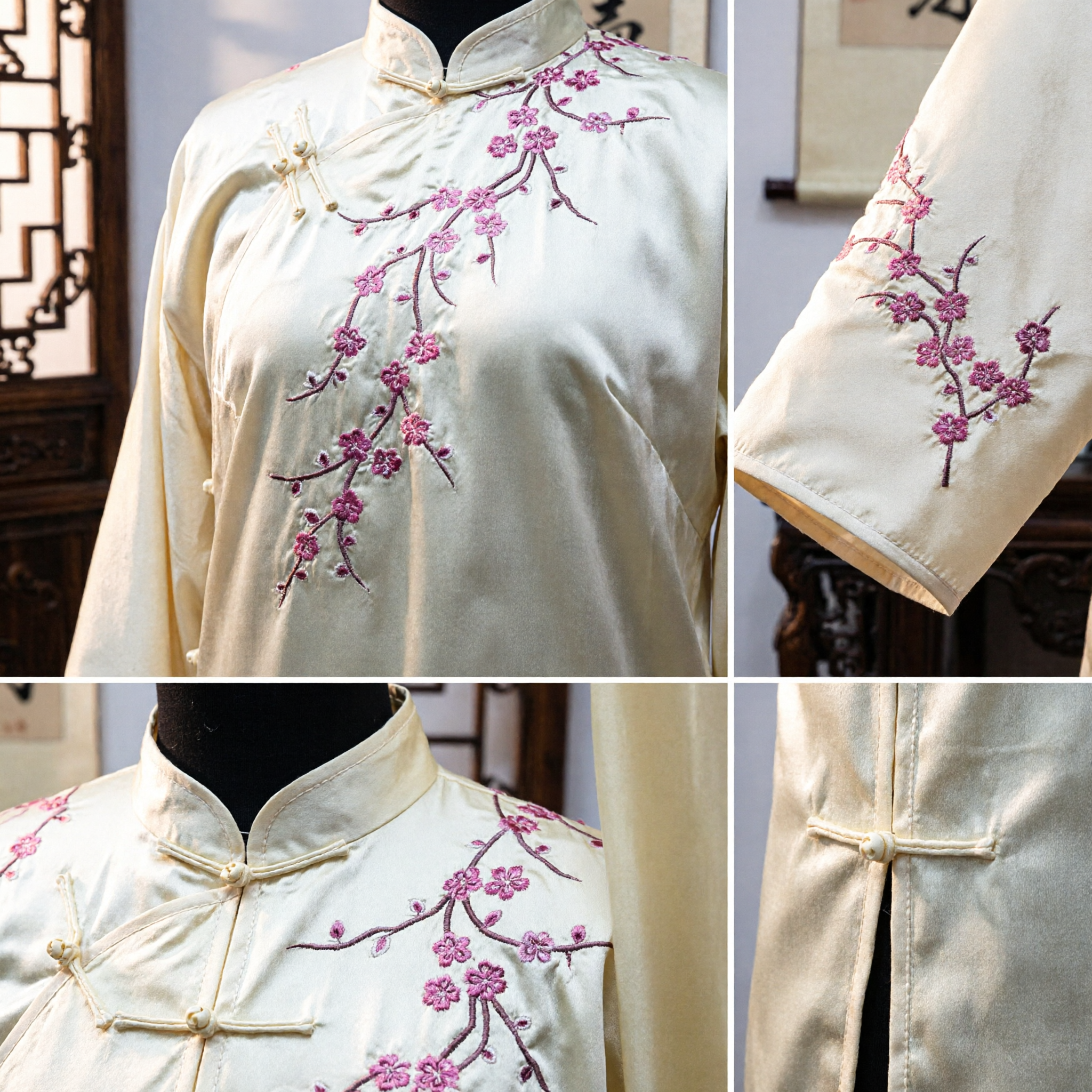 Traditional Yellow Silk Cheongsam with Pink Plum Blossom Embroidery Elegant Chinese Qipao Dress for Women