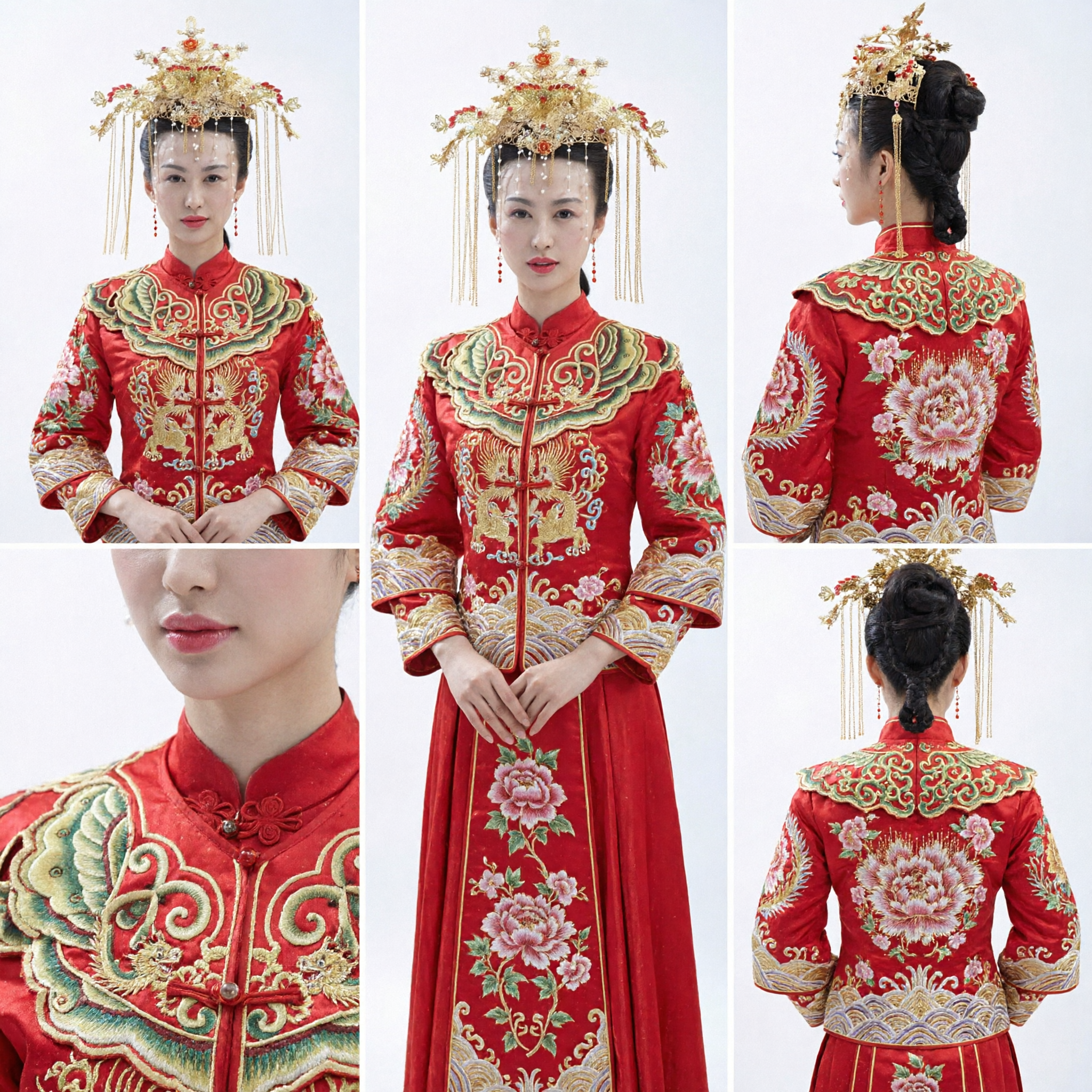 Exquisite Traditional Chinese Wedding Phoenix Crown Gold Hairpin Set with Pearls and Red Accents for Bride