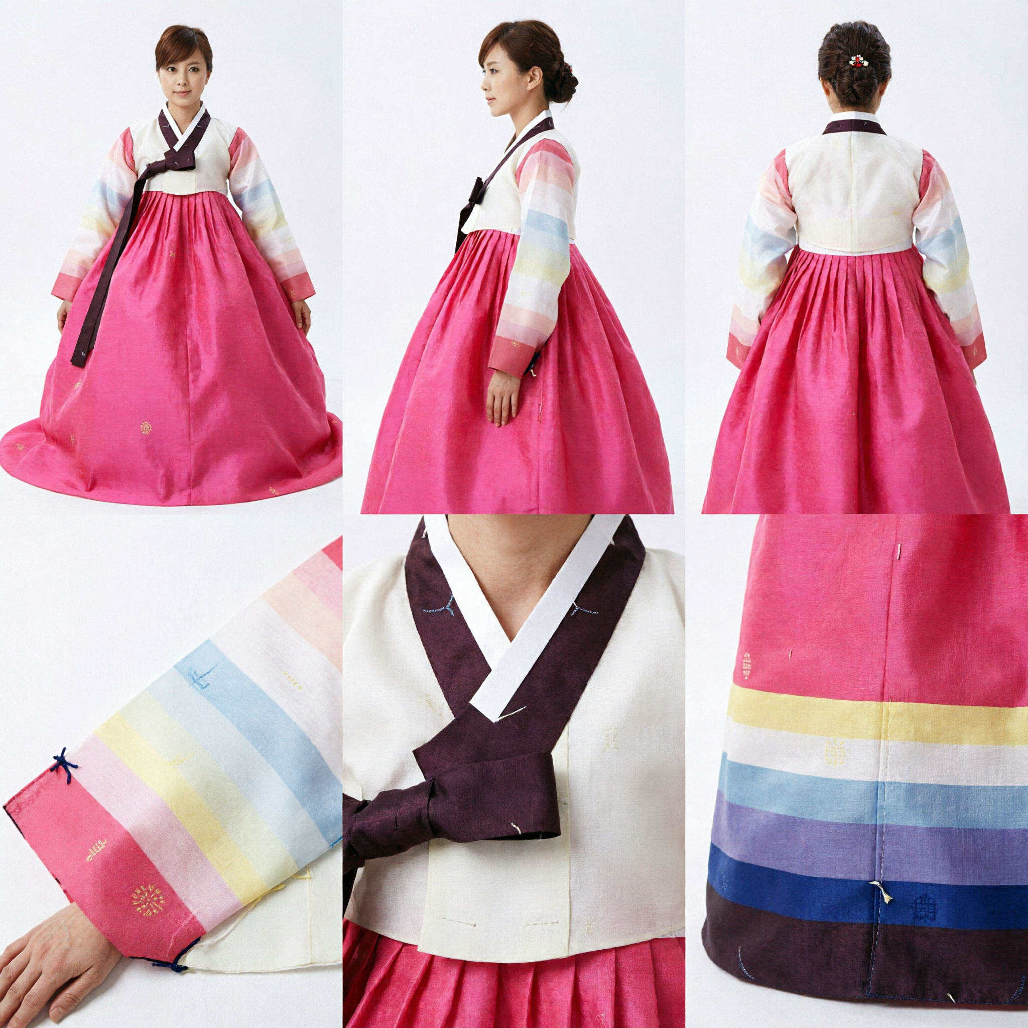 Women's Traditional Korean Hanbok Dress Bright Pink Chima Skirt with Colorful Striped Jeogori Top for Special Occasions