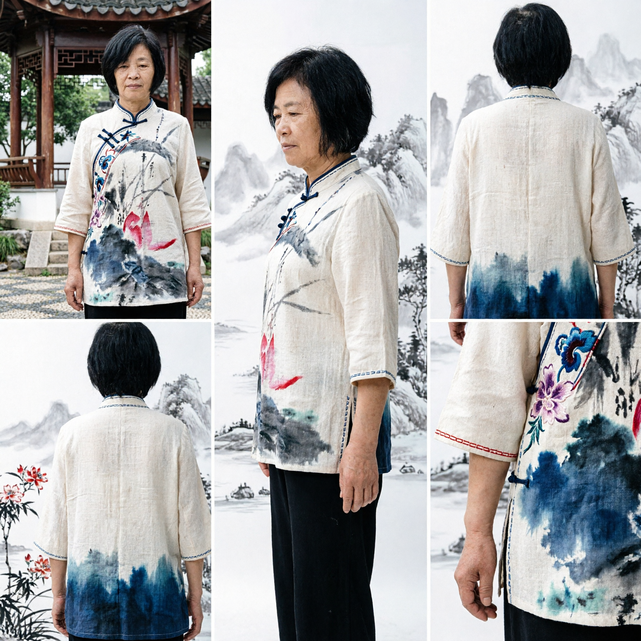 Women's Traditional Chinese Summer Linen Top Ink Wash Painting Print Loose Tang Suit Blouse for Casual Daily Wear