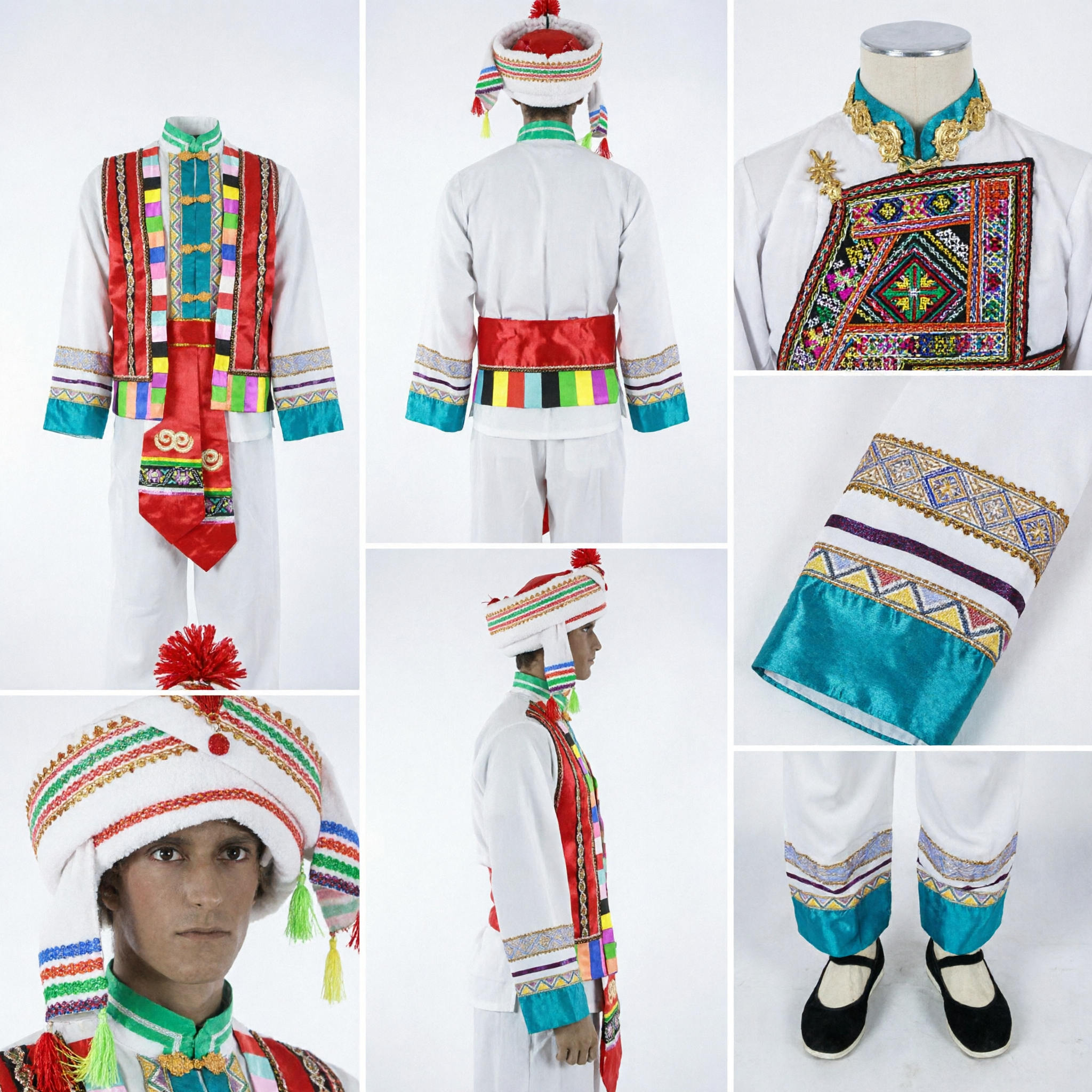 Men's Chinese Ethnic Minority Folk Dance Costume Traditional Stage Performance Outfit with Hat