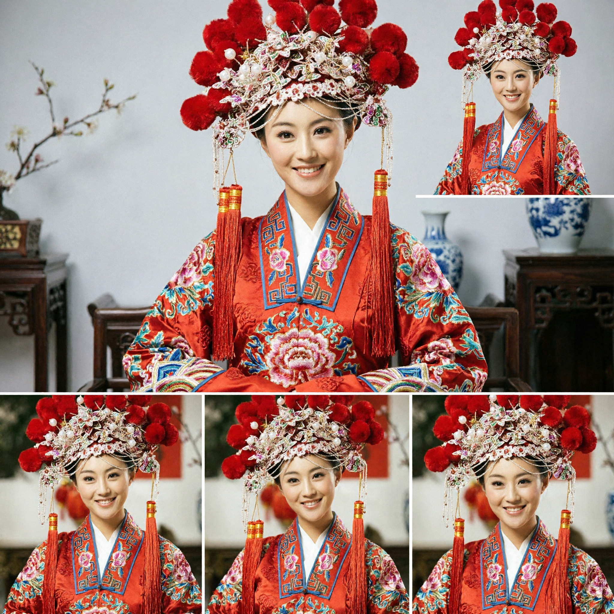 Traditional Chinese Wedding Bride Headdress Red Pompom Phoenix Crown Hair Accessories for Opera Performance