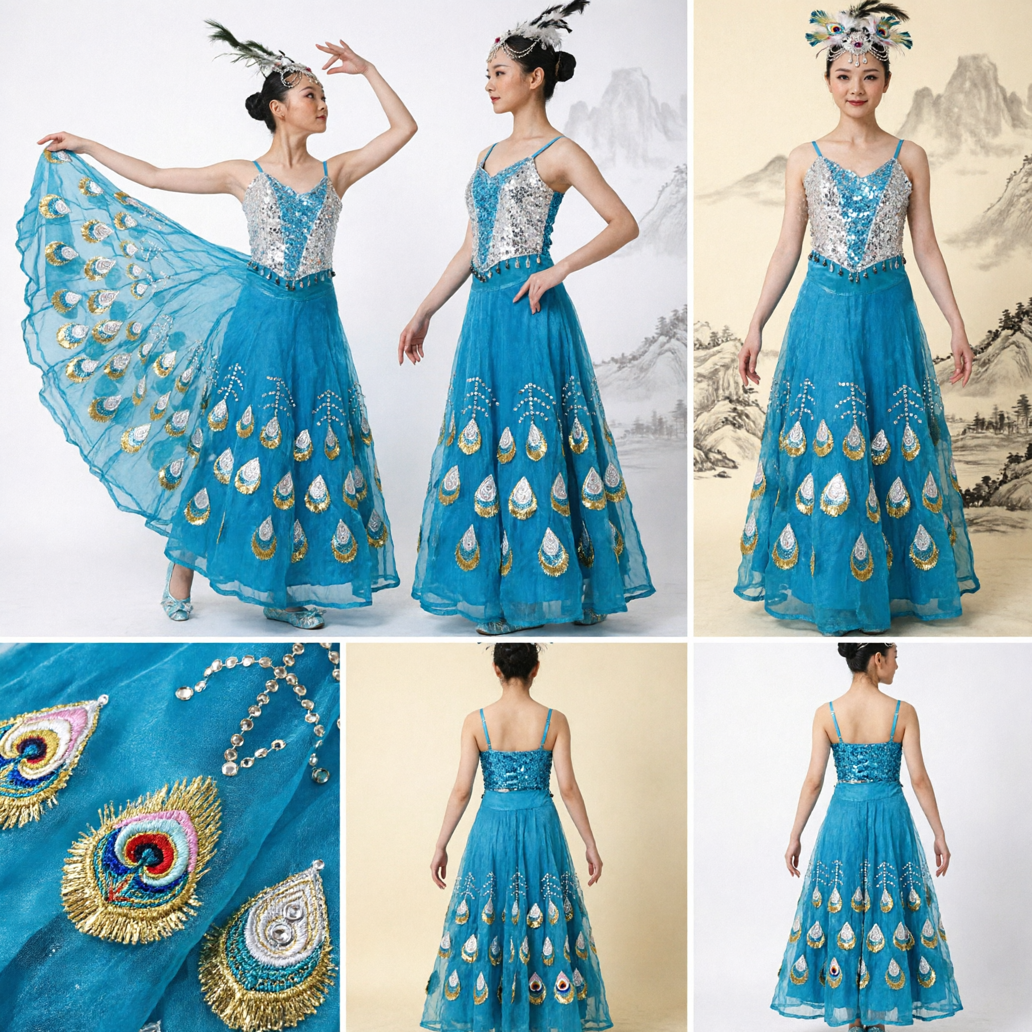 Traditional Dai Minority Peacock Dance Costume Blue Sequin Dress with Feather Wings for Stage Performance