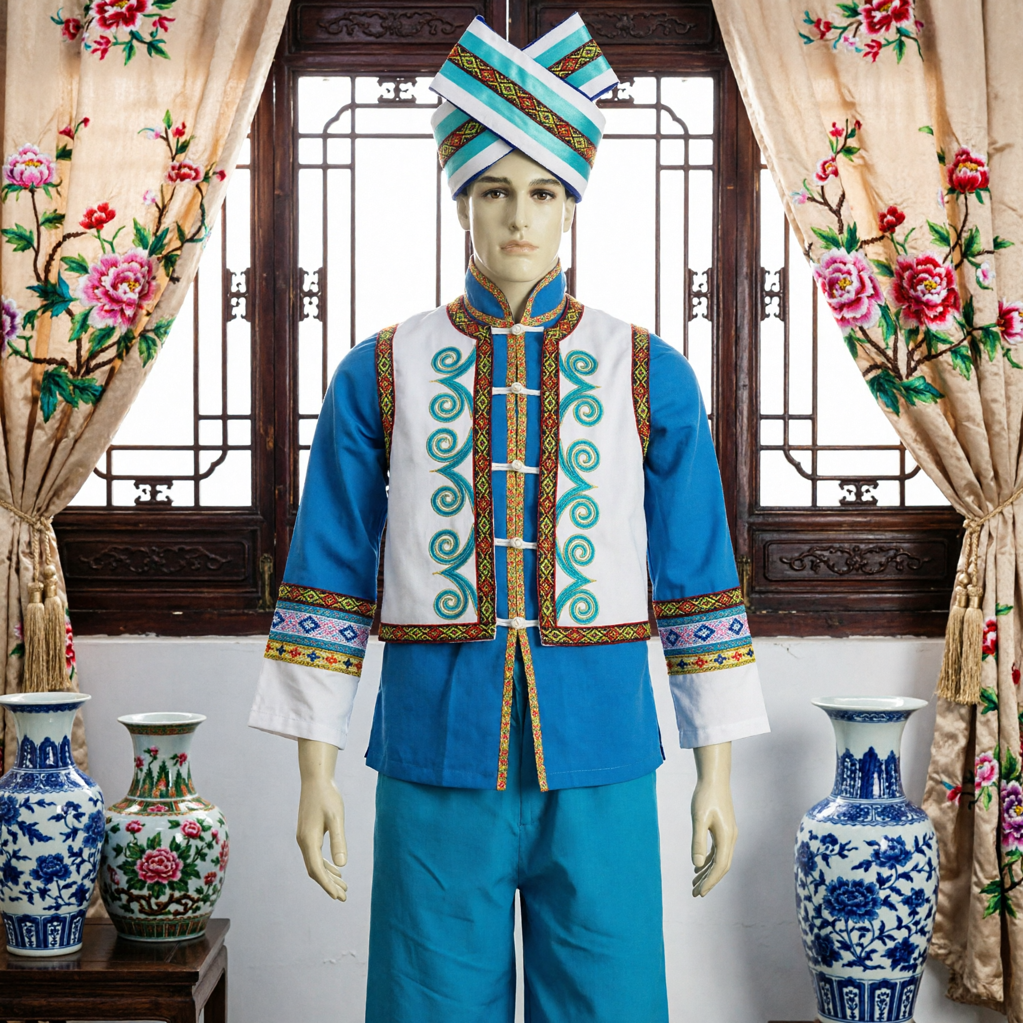 Traditional Chinese Ethnic Minority Costume Men Blue Embroidery Folk Dance Stage Performance Outfit Complete Set