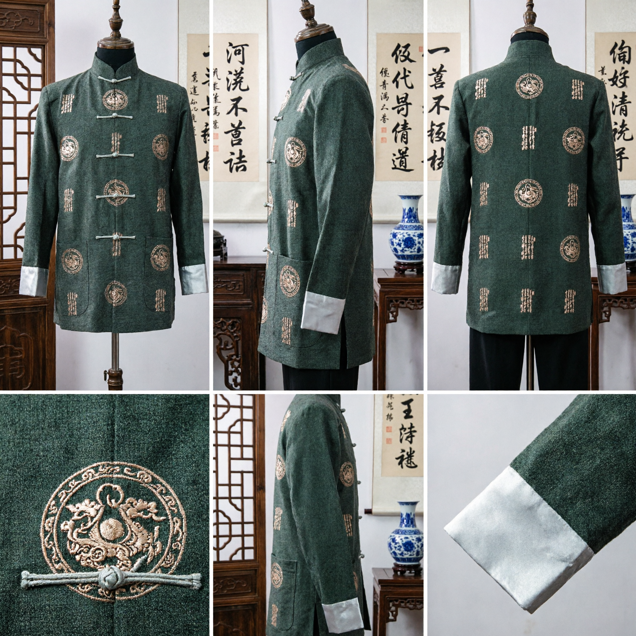 Men's Traditional Chinese Tang Suit Jacket Grey Mandarin Collar Kung Fu Tai Chi Uniform Dragon Embroidery