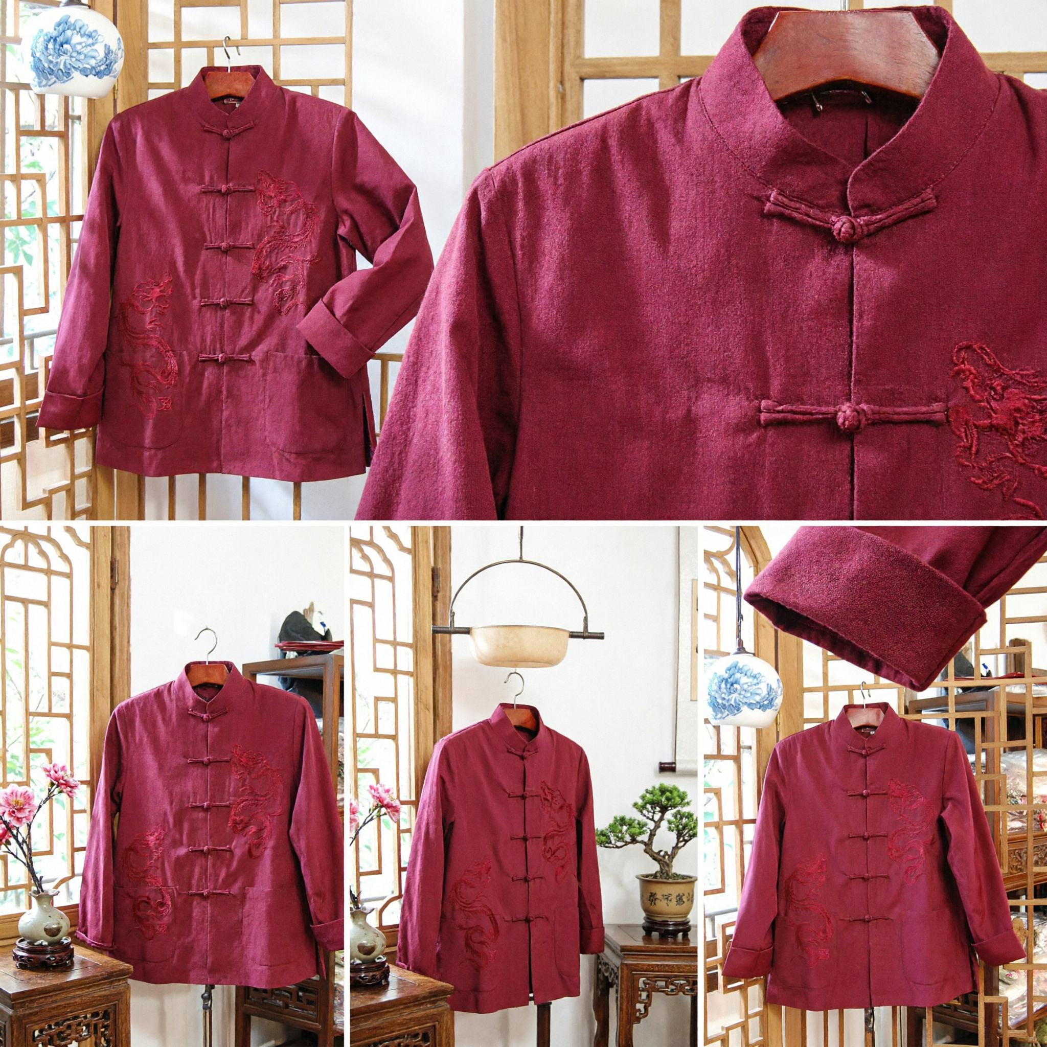 Men's Traditional Chinese Tang Suit Jacket Red Mandarin Collar Dragon Embroidery Top for Weddings Tai Chi