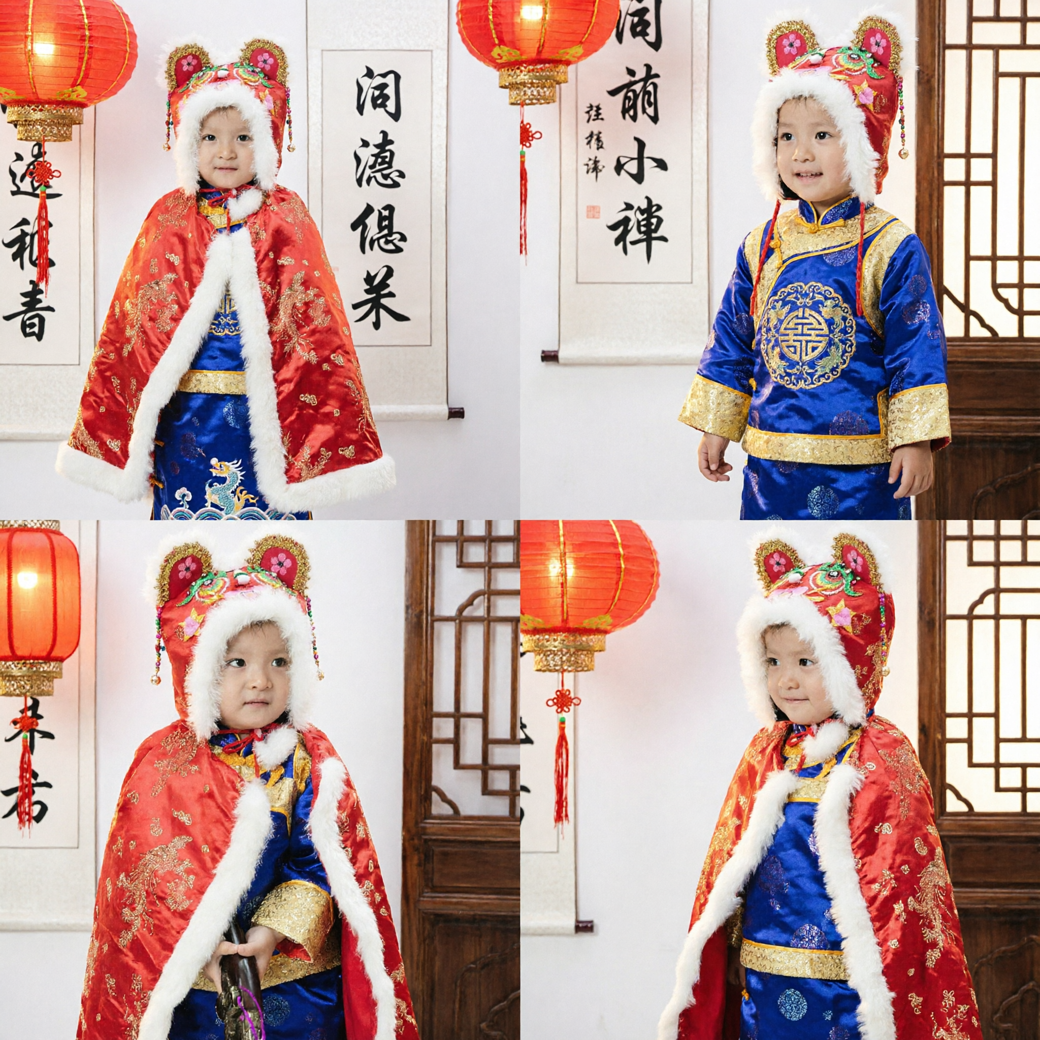 Baby Chinese New Year Costume Traditional Red Embroidered Cape Cloak with Tiger Hat for Boys Girls