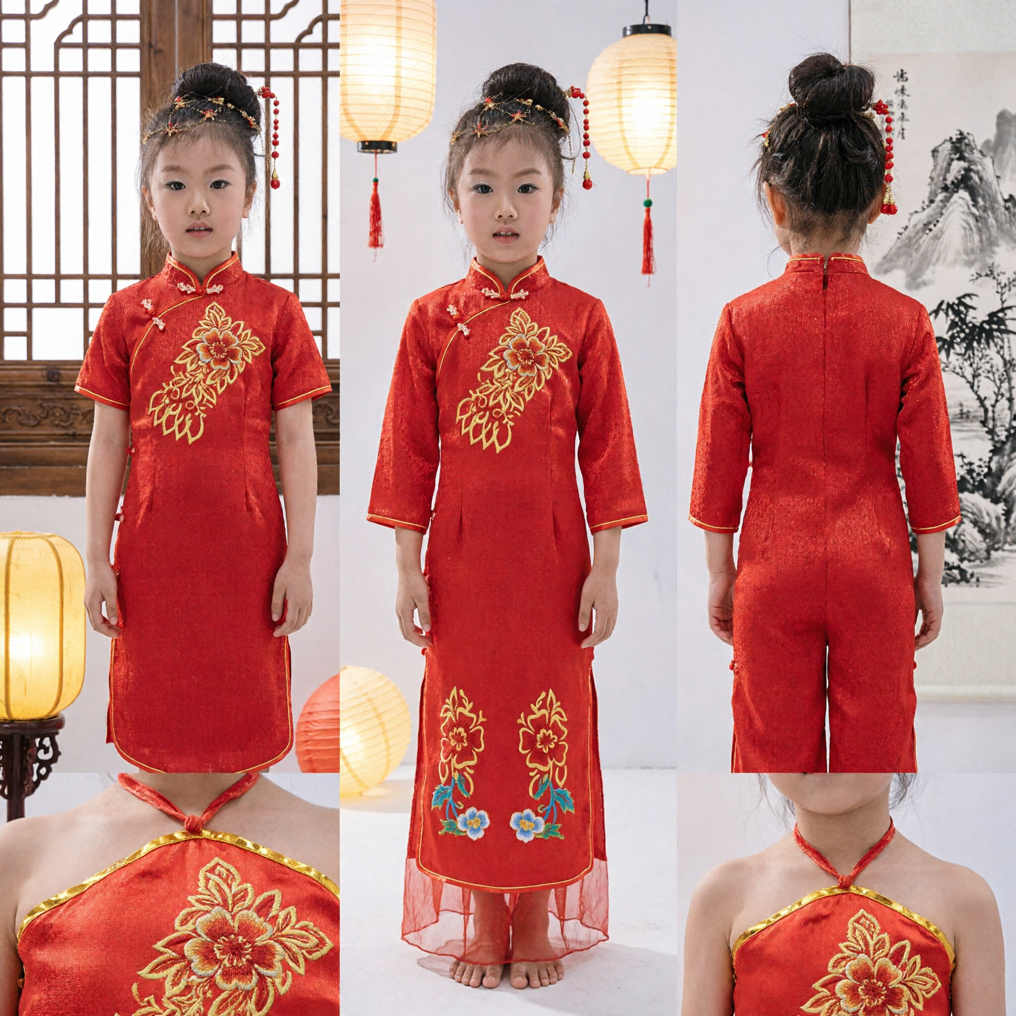 Kids Chinese Traditional Red Embroidered Dress Ancient Folk Dance Performance Costume for Girls