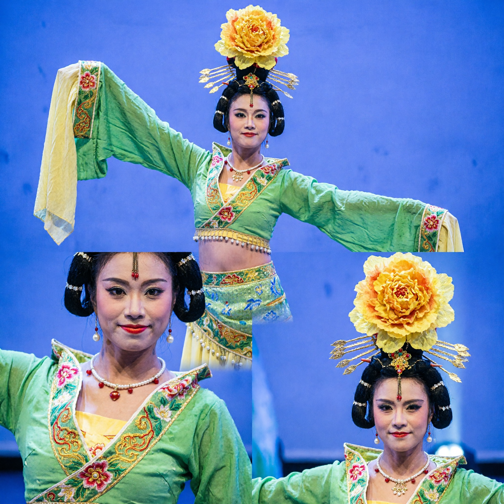 Traditional Chinese Classical Dance Costume Green Stage Performance Outfit for Women with Large Yellow Flower Headpiece