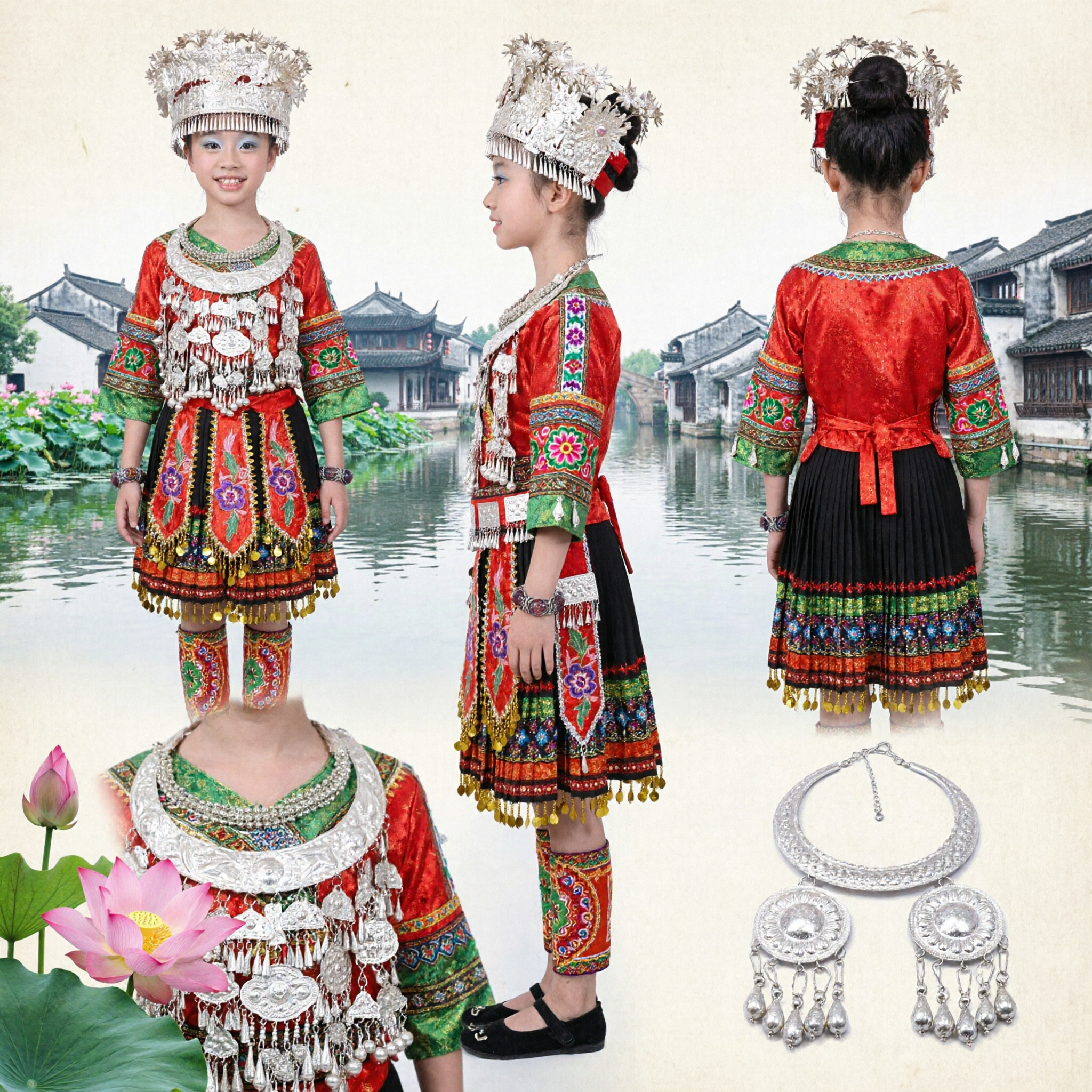 Traditional Chinese Miao Ethnic Minority Costume Girls Folk Dance Performance Dress Complete Set with Silver Headdress