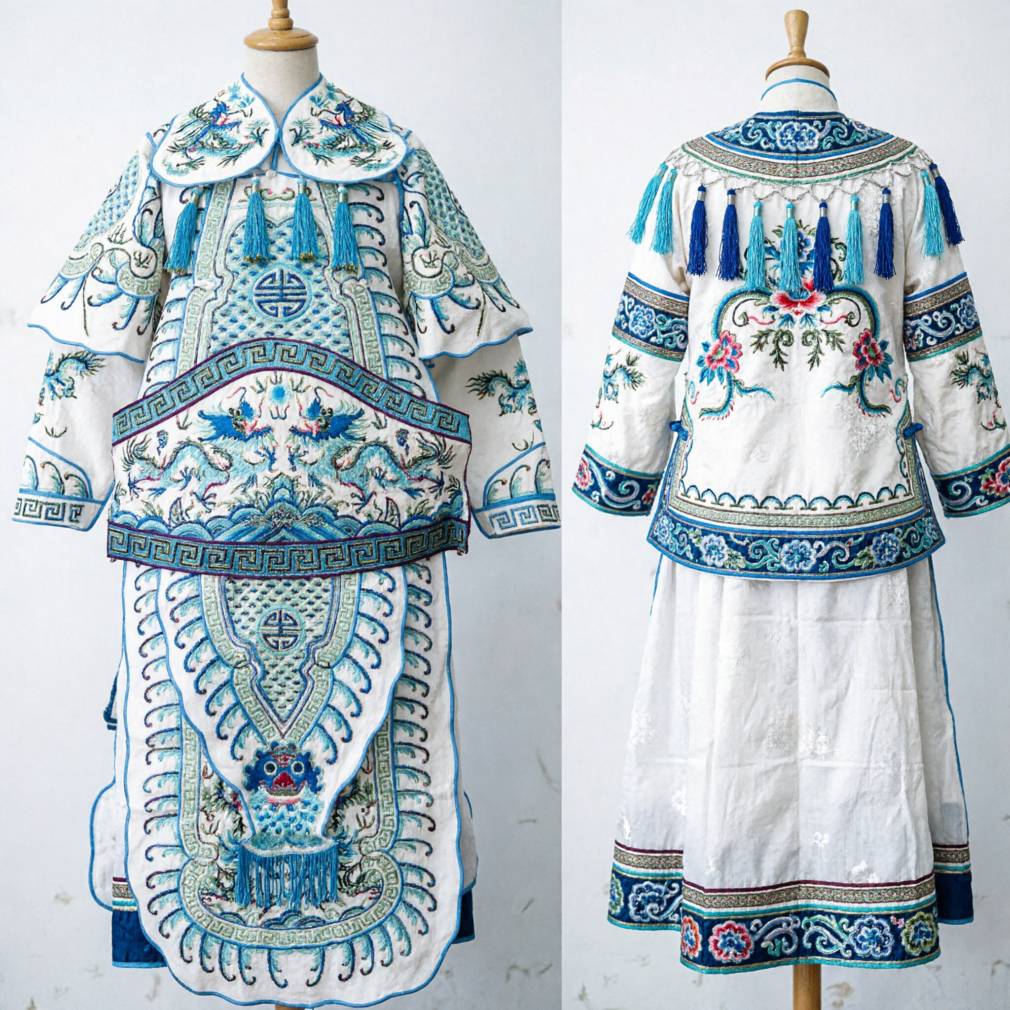 Traditional Chinese Peking Opera General Armor Costume with Flags White Blue Dragon Embroidery for Adult Performers