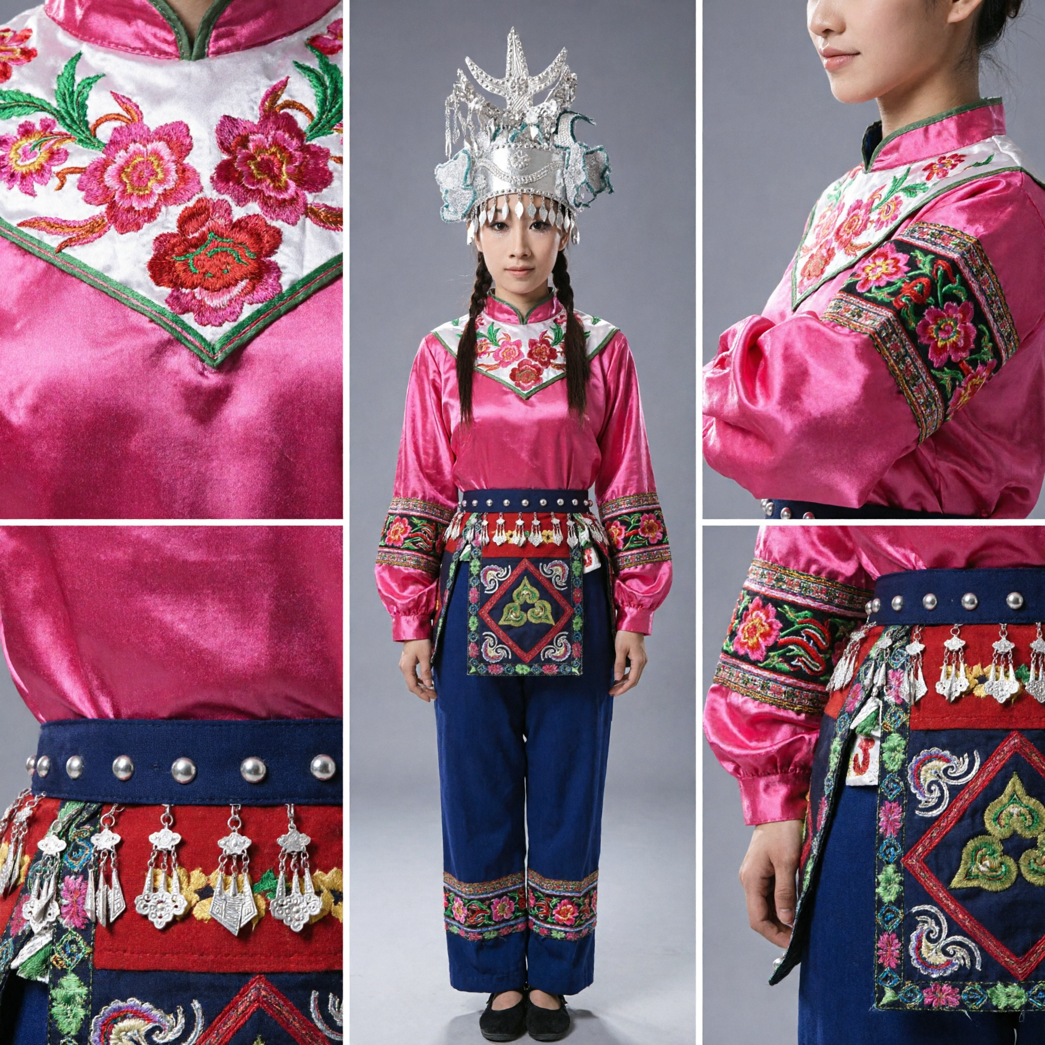 Traditional Chinese Miao Ethnic Minority Folk Dance Costume Pink Satin Top Silver Headdress Outfit for Women