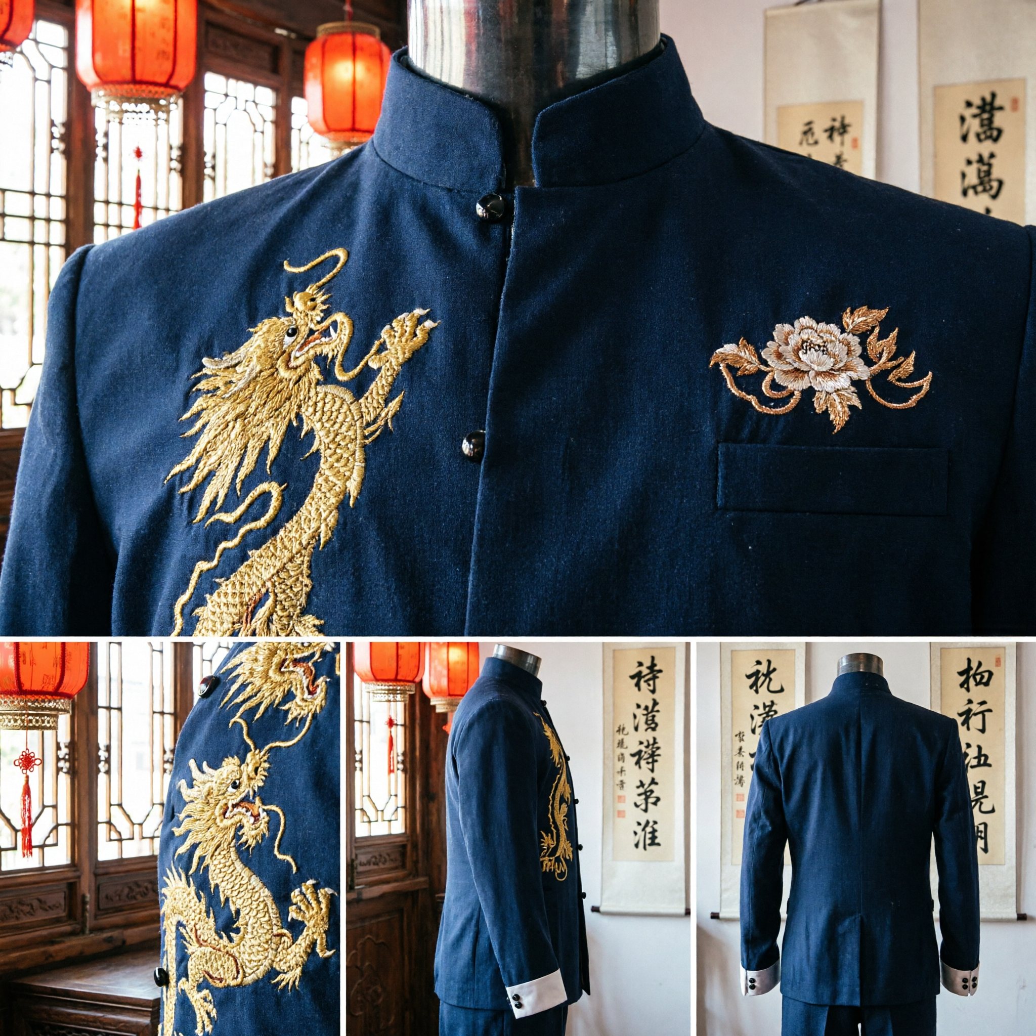 Men's Black Chinese Tang Suit Jacket Gold Dragon Embroidery Mandarin Collar Traditional Wedding Groom Wear