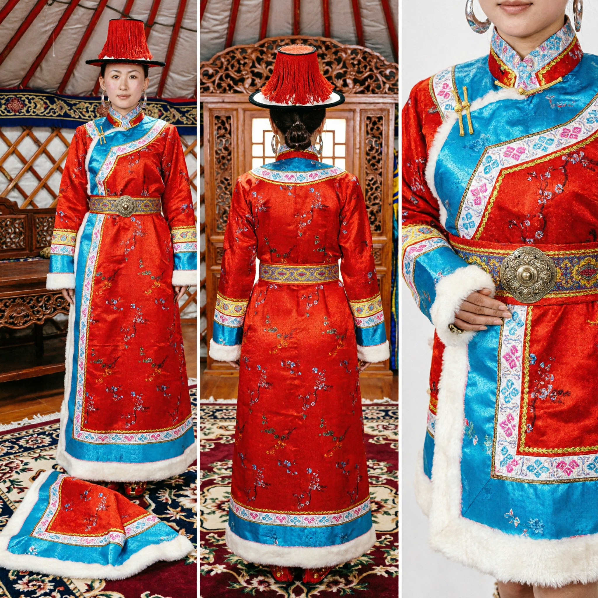 Traditional Red Tibetan Chuba Dress for Women with Fur Trim and Hat for Cultural Performance