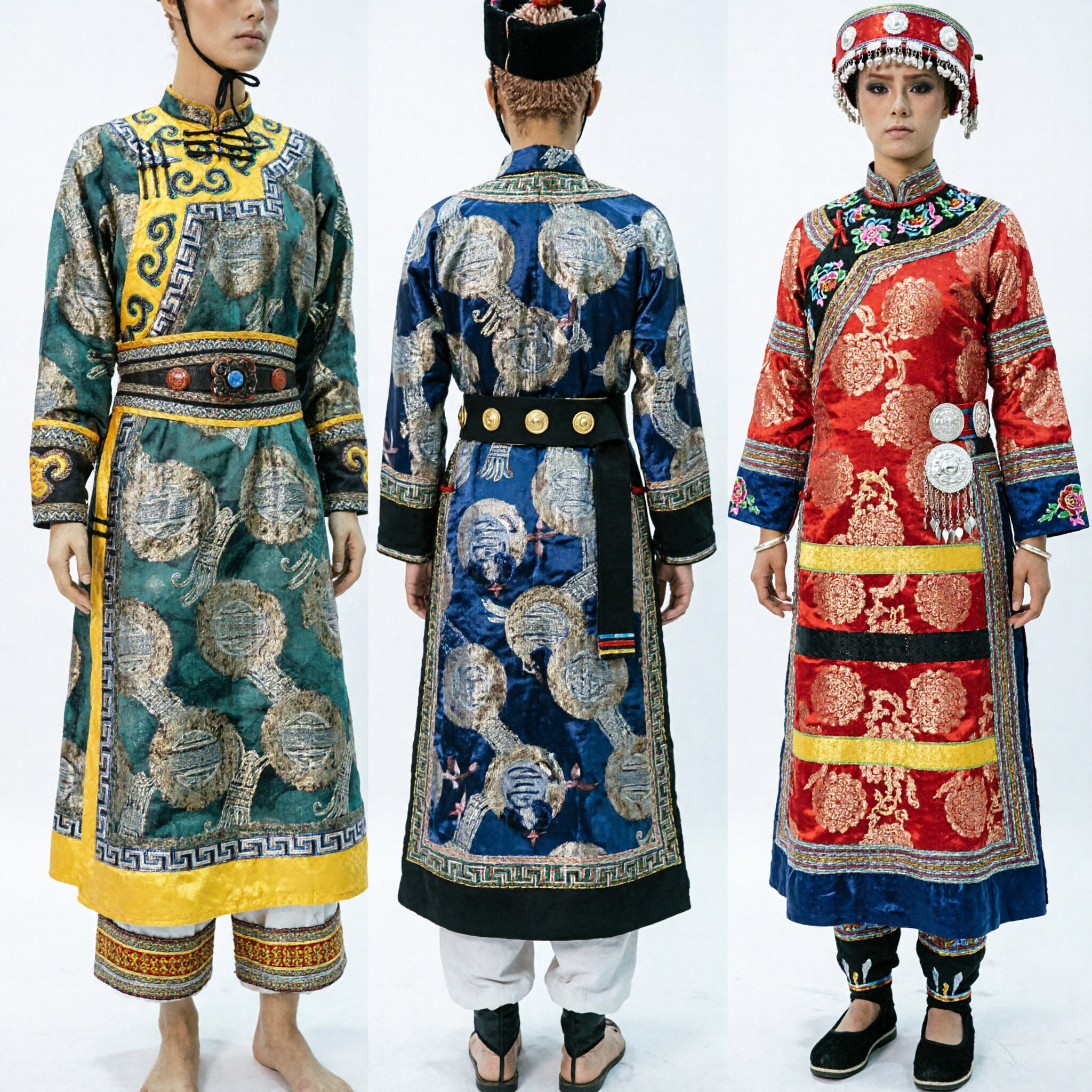 Traditional Mongolian National Costume Set for Men and Women featuring Embroidered Robes for Festivals and Weddings
