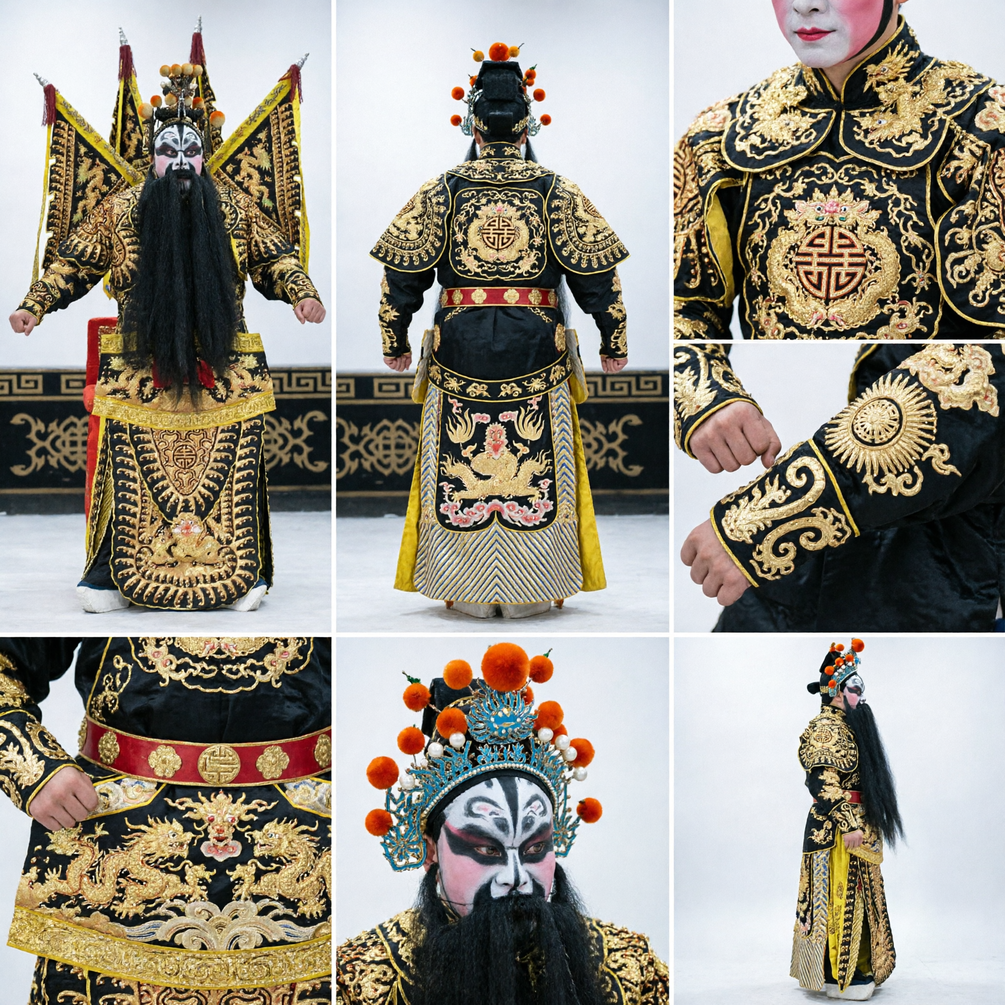 Professional Peking Opera General Costume Black Gold Warrior Armor with Flags for Stage Performance