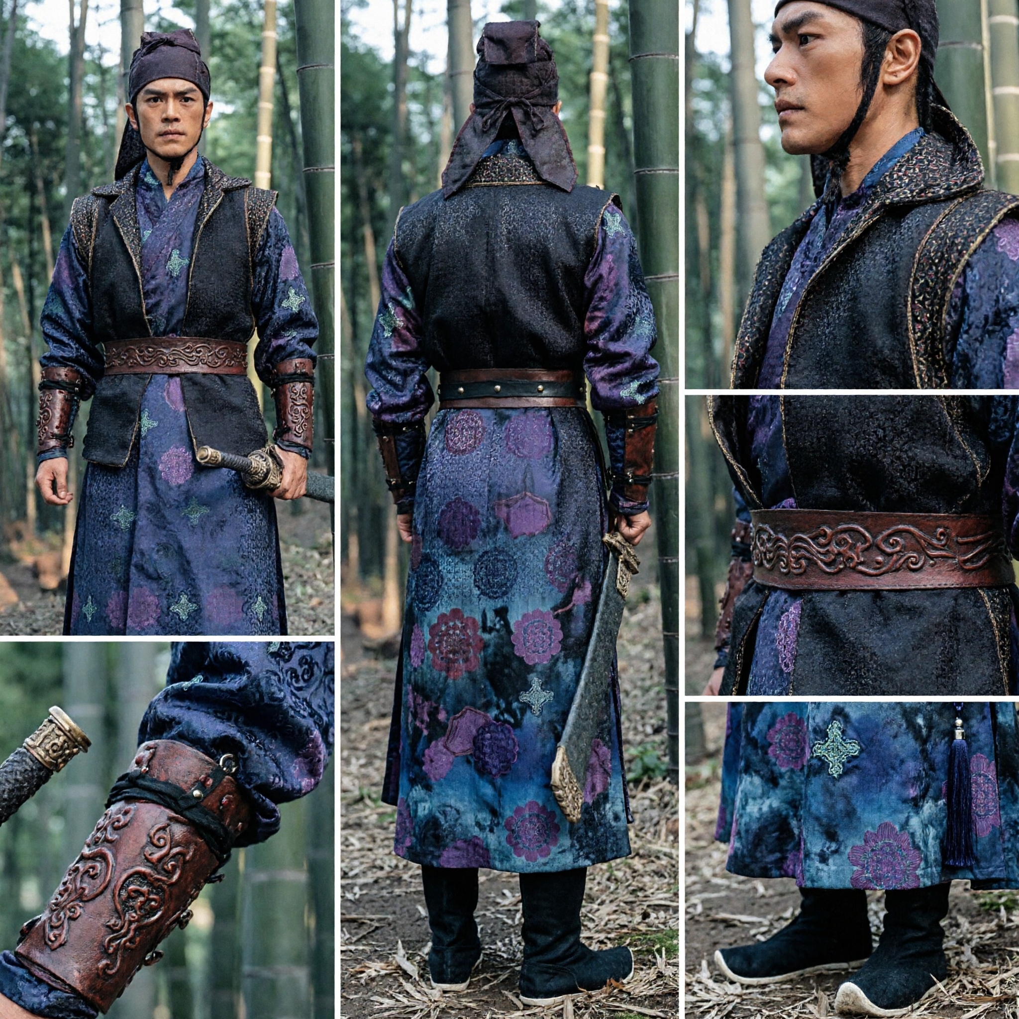 Men's Traditional Chinese Wuxia Swordsman Costume Dark Blue Tang Dynasty Warrior Hanfu Set for Cosplay