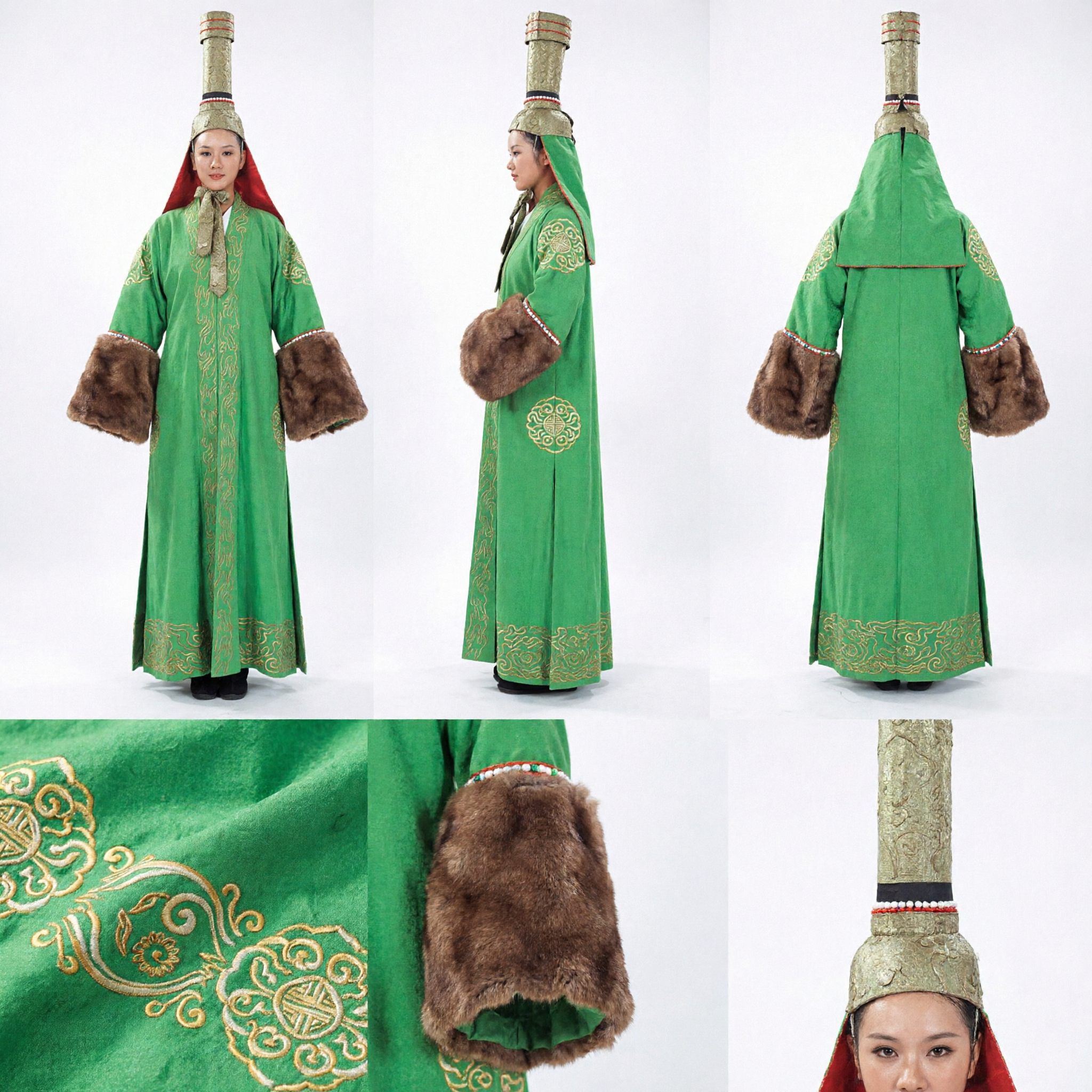 Traditional Chinese Green Scholar Costume with Tall Hat and Fur Cuffs for Stage Performance and Cosplay