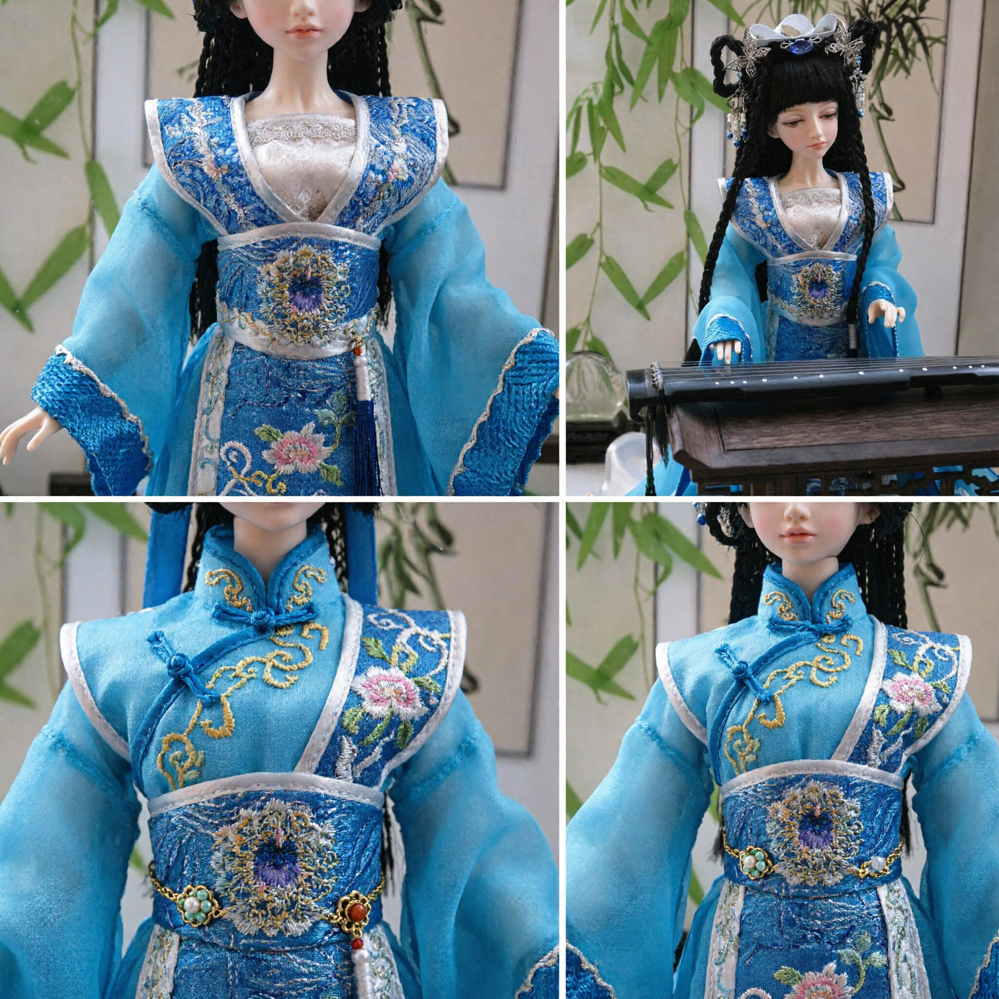Traditional Chinese Ancient Blue Hanfu Costume for Collectible Dolls Complete Set with Guqin and Headdress