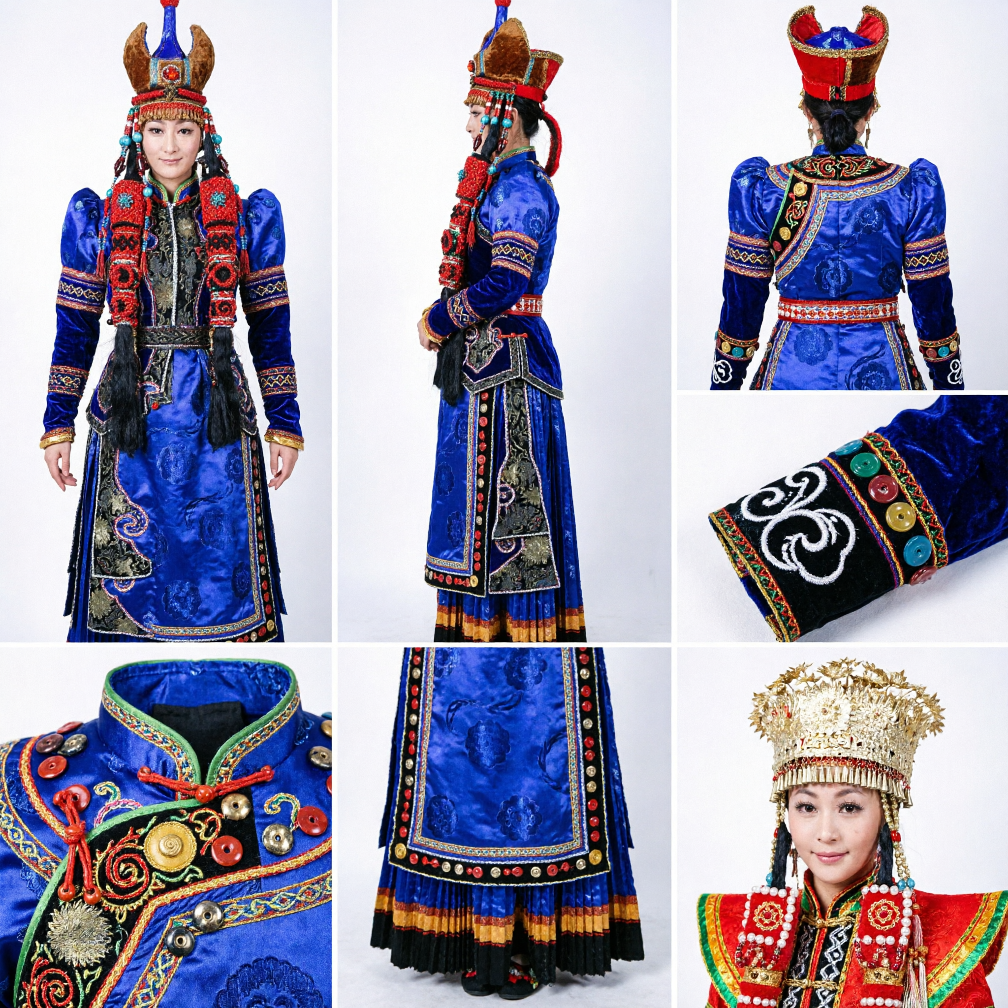 Traditional Mongolian Wedding Costume for Man and Woman Ethnic Blue and Red Deel Set with Hats