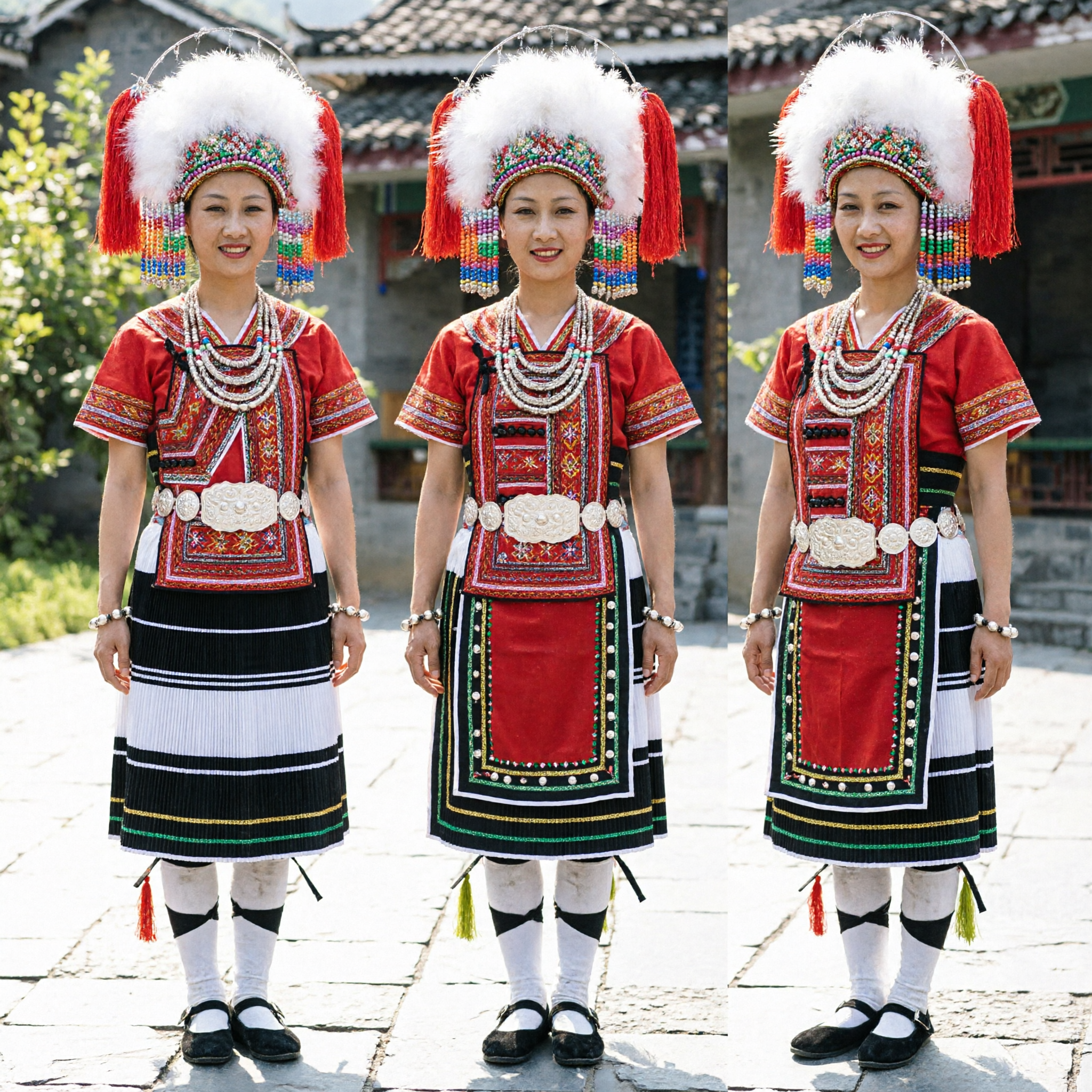 Traditional Chinese Ethnic Folk Dance Costume Red Embroidered Dress with White Fur Hat for Women Stage Performance