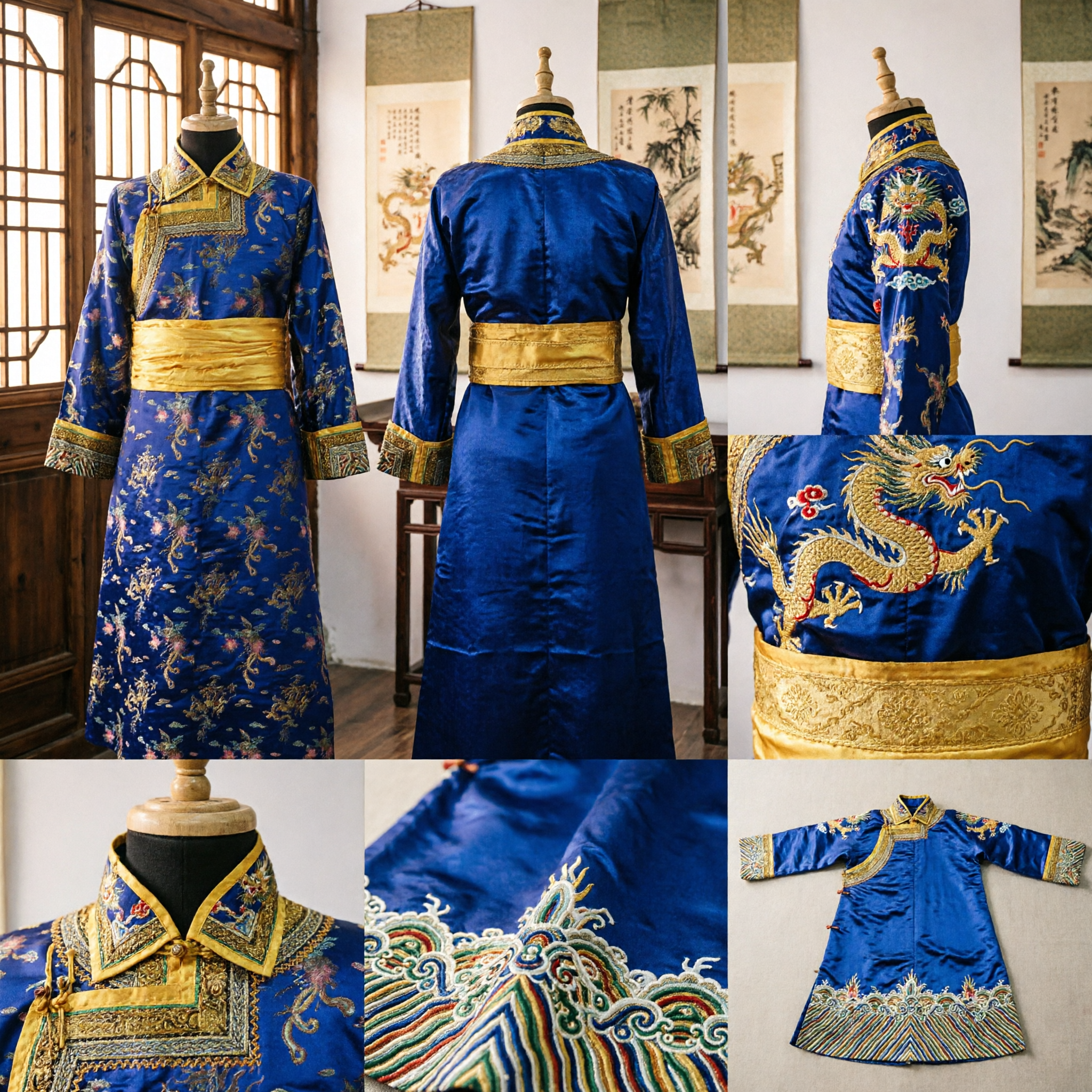 Royal Blue Traditional Mongolian Robe with Gold Sash and Dragon Embroidery for Men's Folk Dance Performance