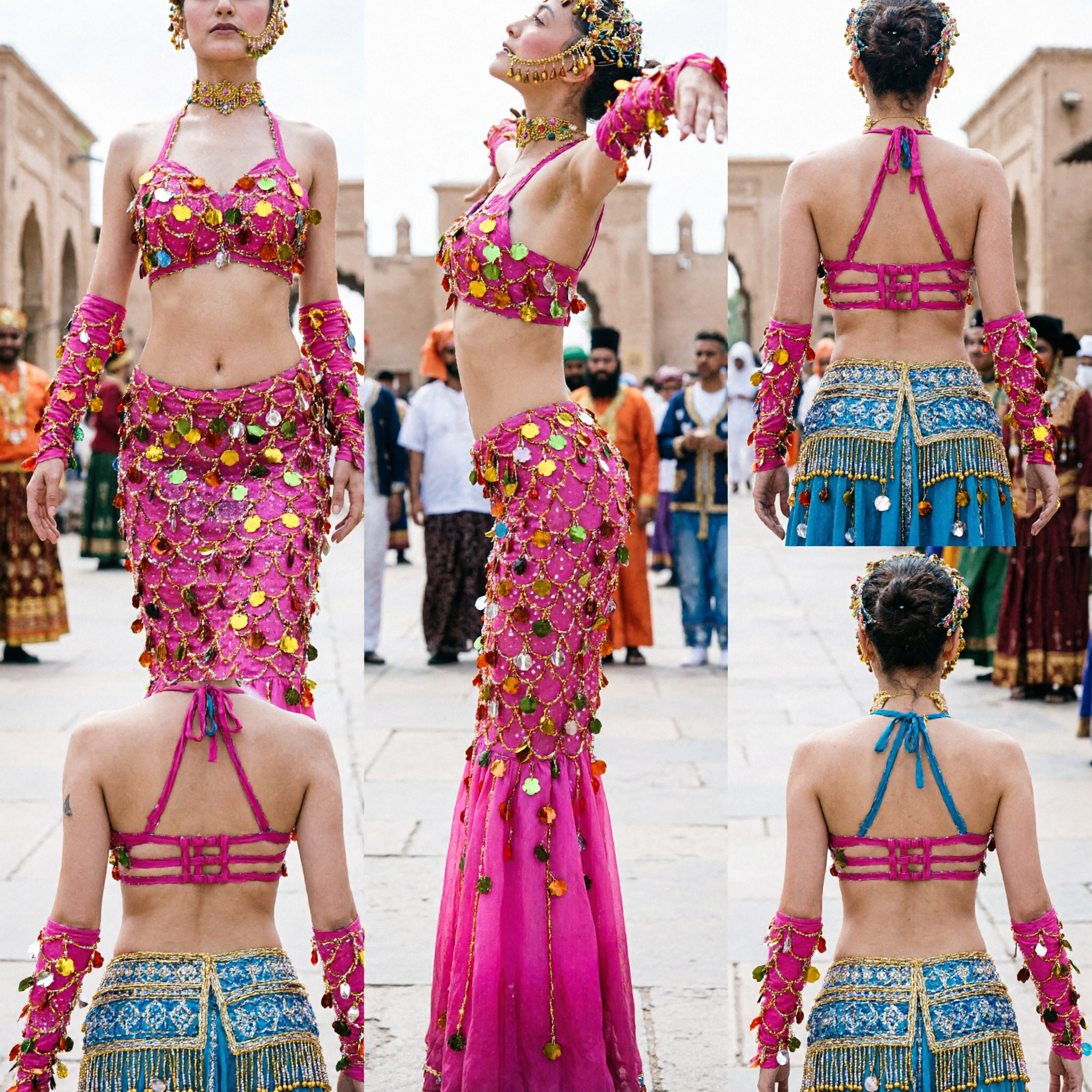 Vibrant Pink Sequined Exotic Folk Dance Costume for Women Stage Performance Belly Dance Style Outfit with Accessories