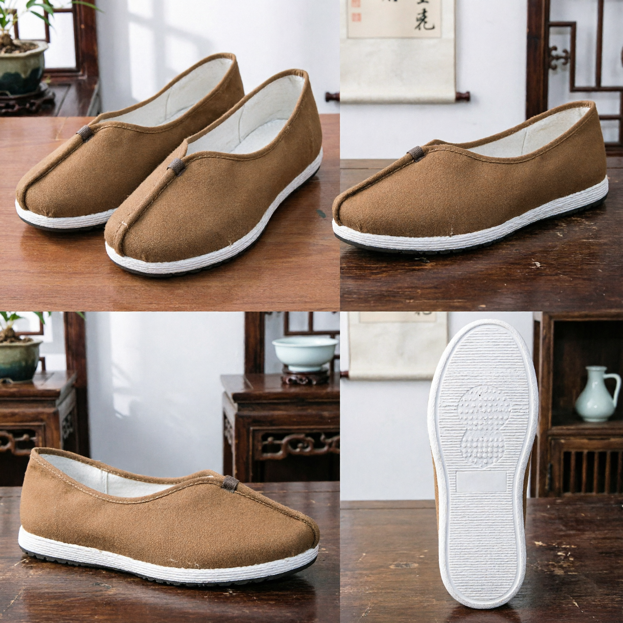 Men's Traditional Chinese Cloth Shoes Tan Kung Fu Slip-Ons for Tai Chi Martial Arts Casual Wear
