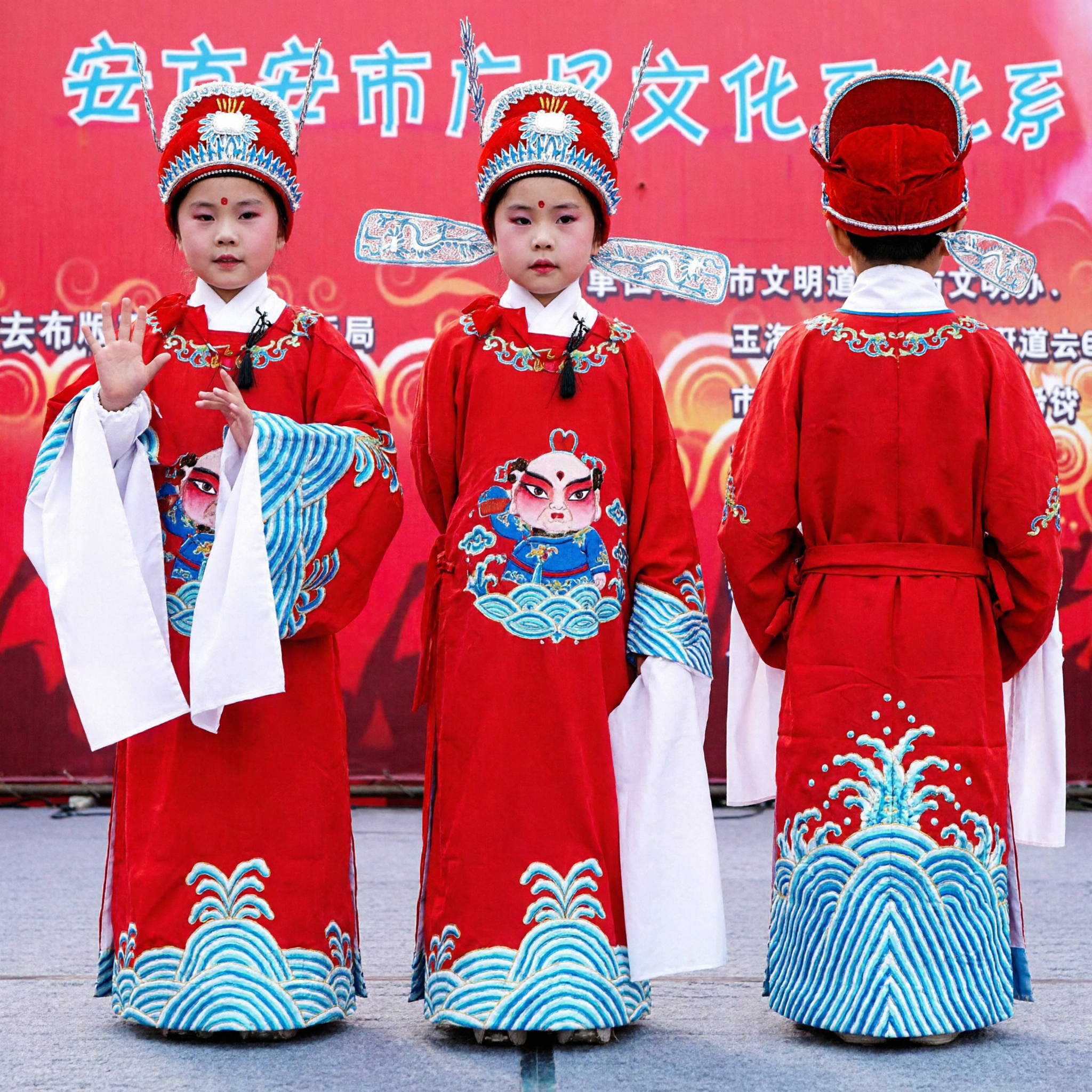 Kids Traditional Chinese Opera Costume Boys Red Peking Opera Robe Outfit with Headdress for Stage Performance