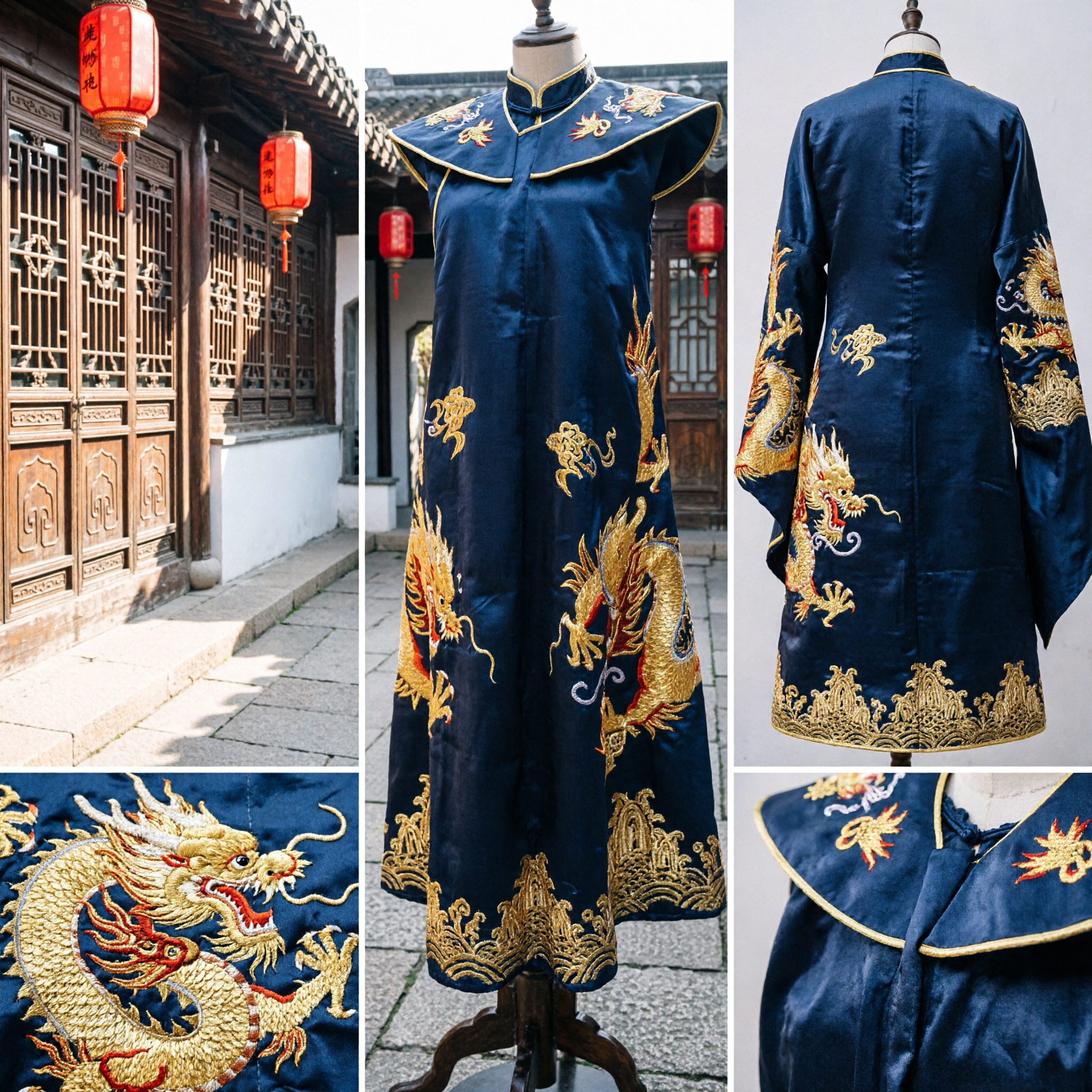Men's Traditional Chinese Black Dragon Cape Gold Embroidery Satin Cloak Ancient Cosplay Costume