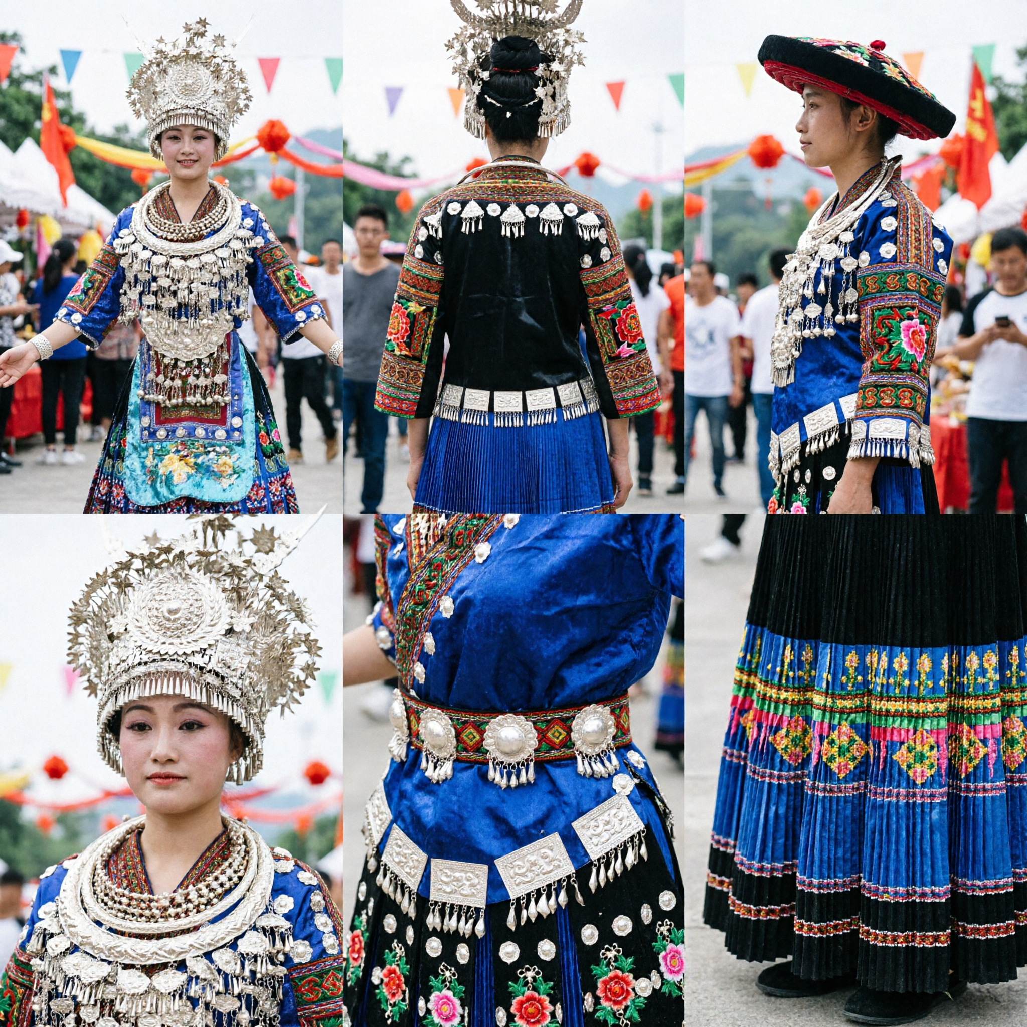 Authentic Chinese Miao Minority Traditional Costume Set Men Dragon Tunic Women Blue Dress for Cultural Stage Performance