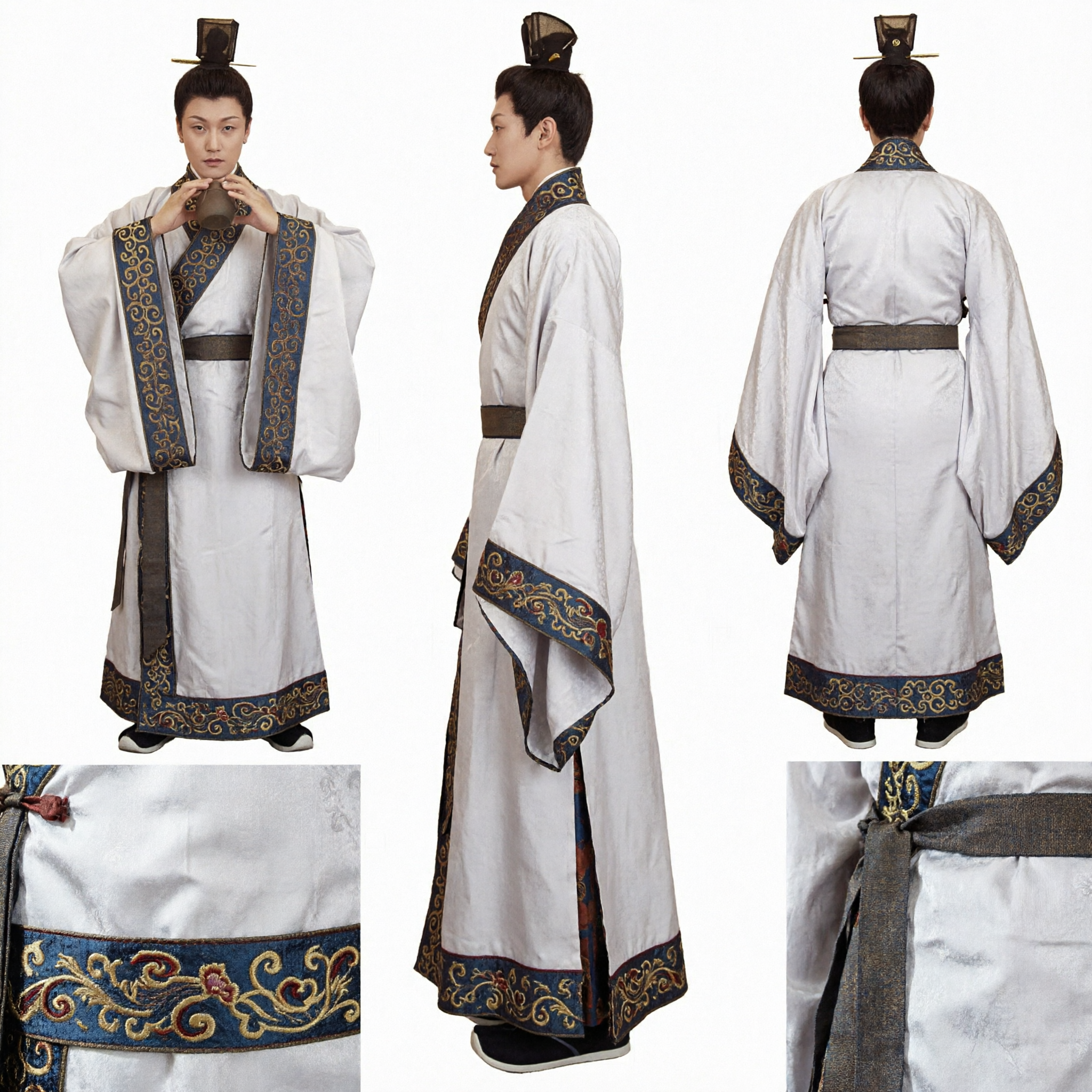 Men's Ancient Chinese Scholar Hanfu Costume White Robe with Gold Cloud Pattern for Cosplay and Performance