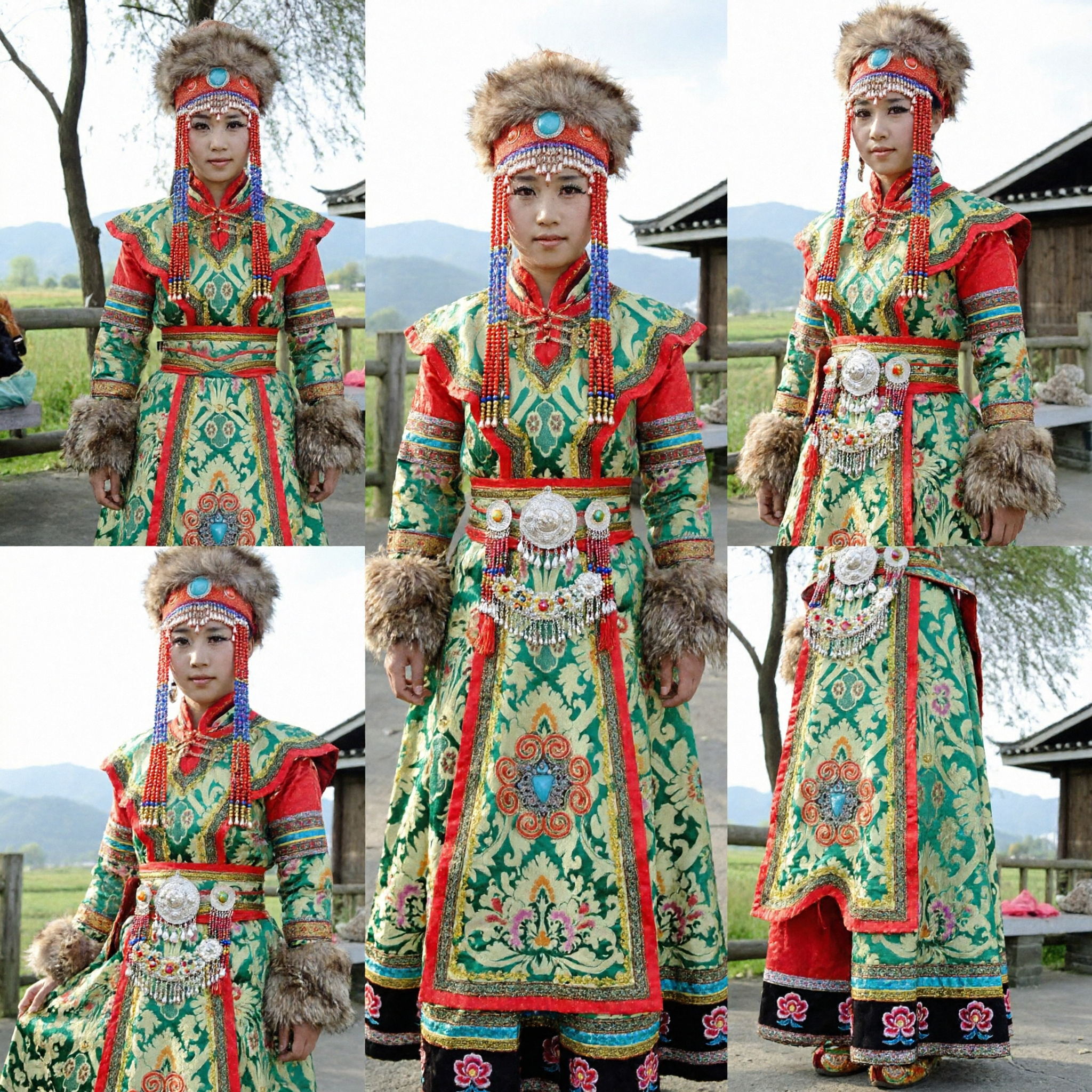 Traditional Chinese Tibetan Ethnic Costume Green Dress Fur Hat for Women Folk Dance Stage Performance