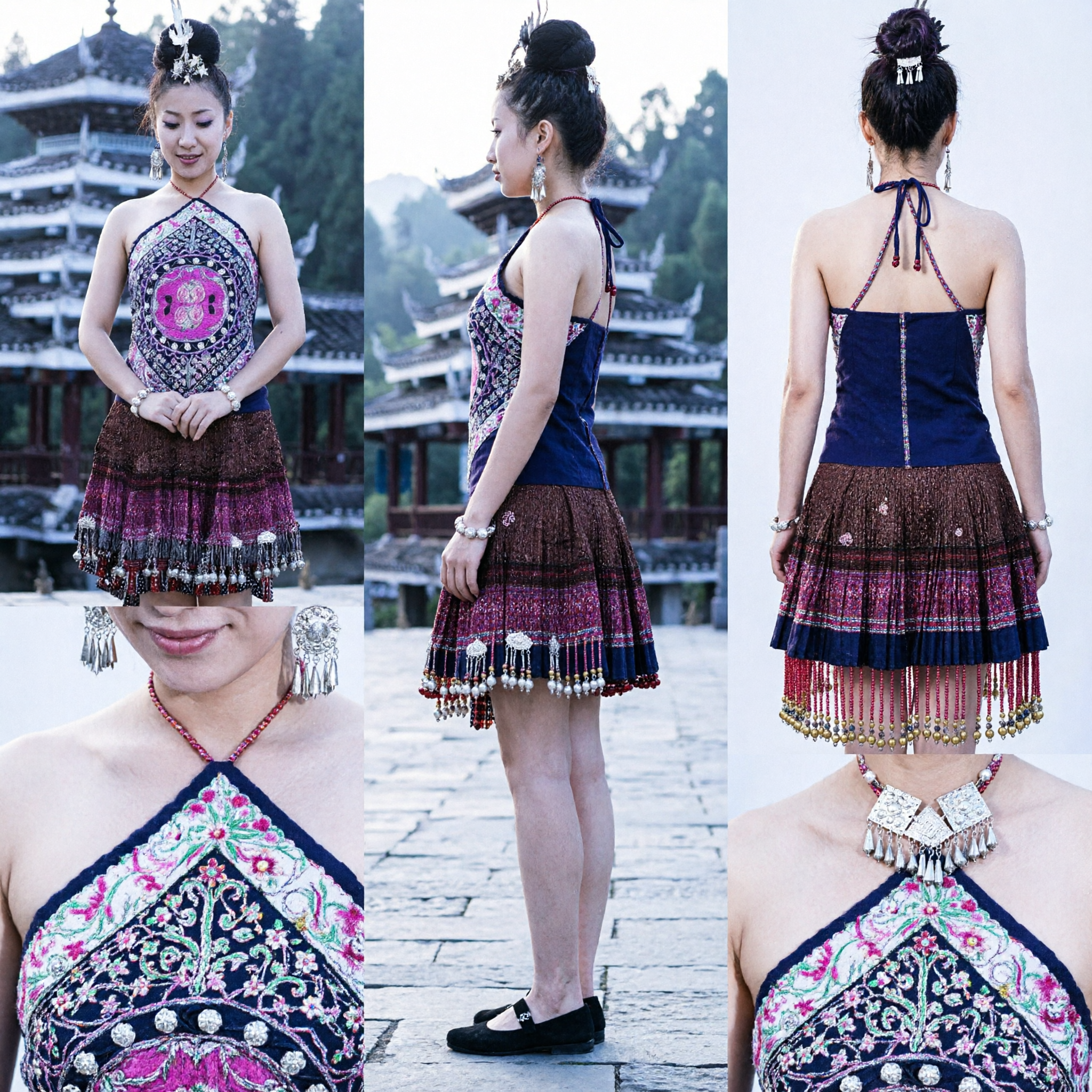 Women's Traditional Chinese Ethnic Minority Embroidered Halter Dress with Silver Ornaments for Folk Dance Performance