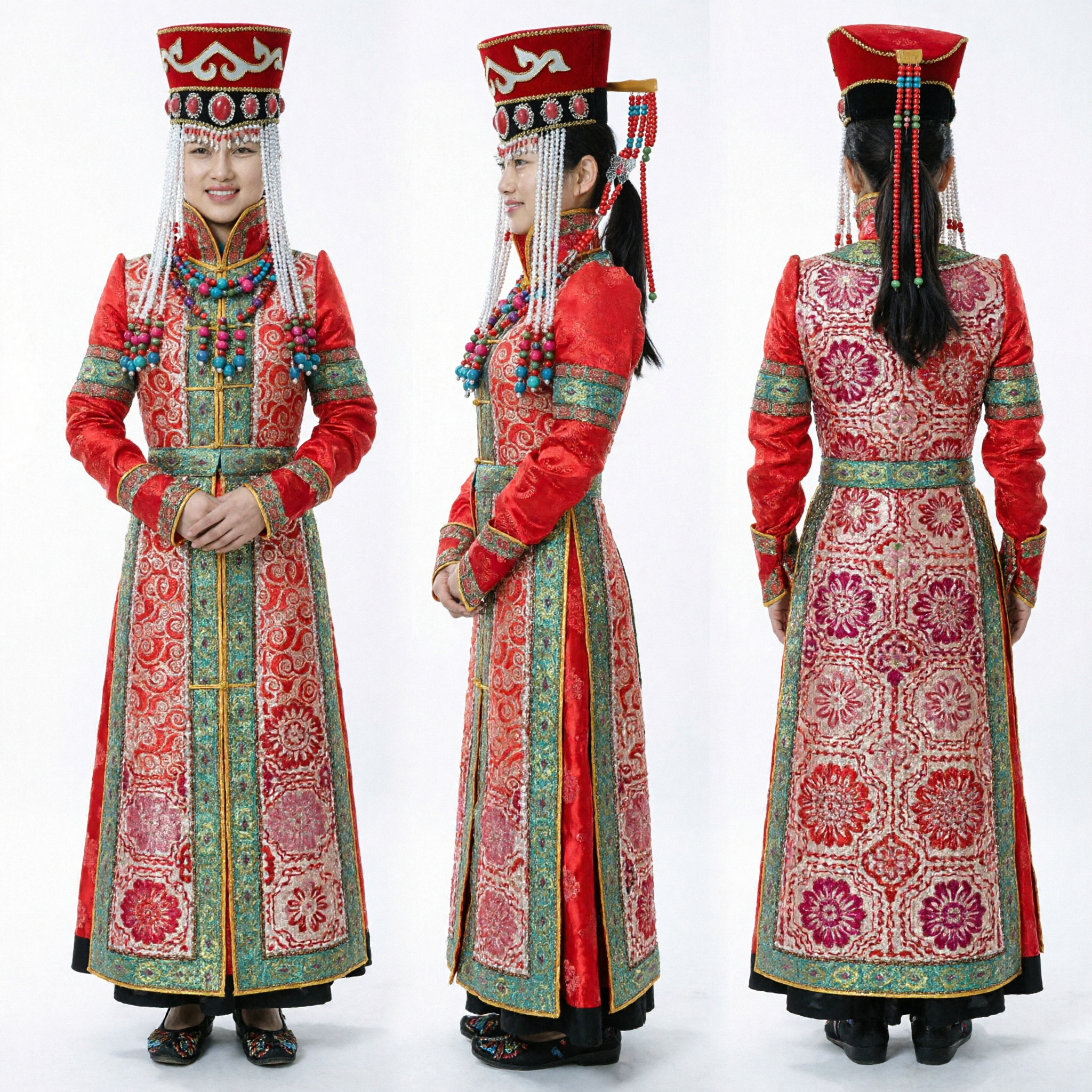 Traditional Mongolian Red Wedding Dress for Women with Ornate Headdress and Beaded Jewelry Set
