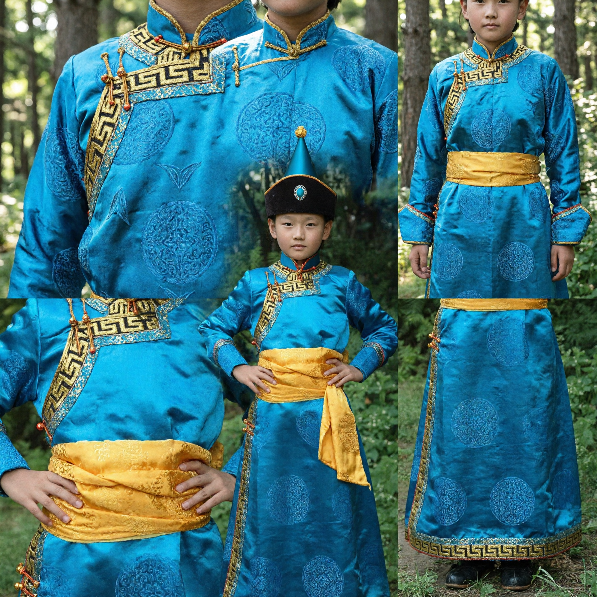 Mongolian Traditional Costume for Kids Boys Blue Deel Robe with Hat for Cultural Dance Performance
