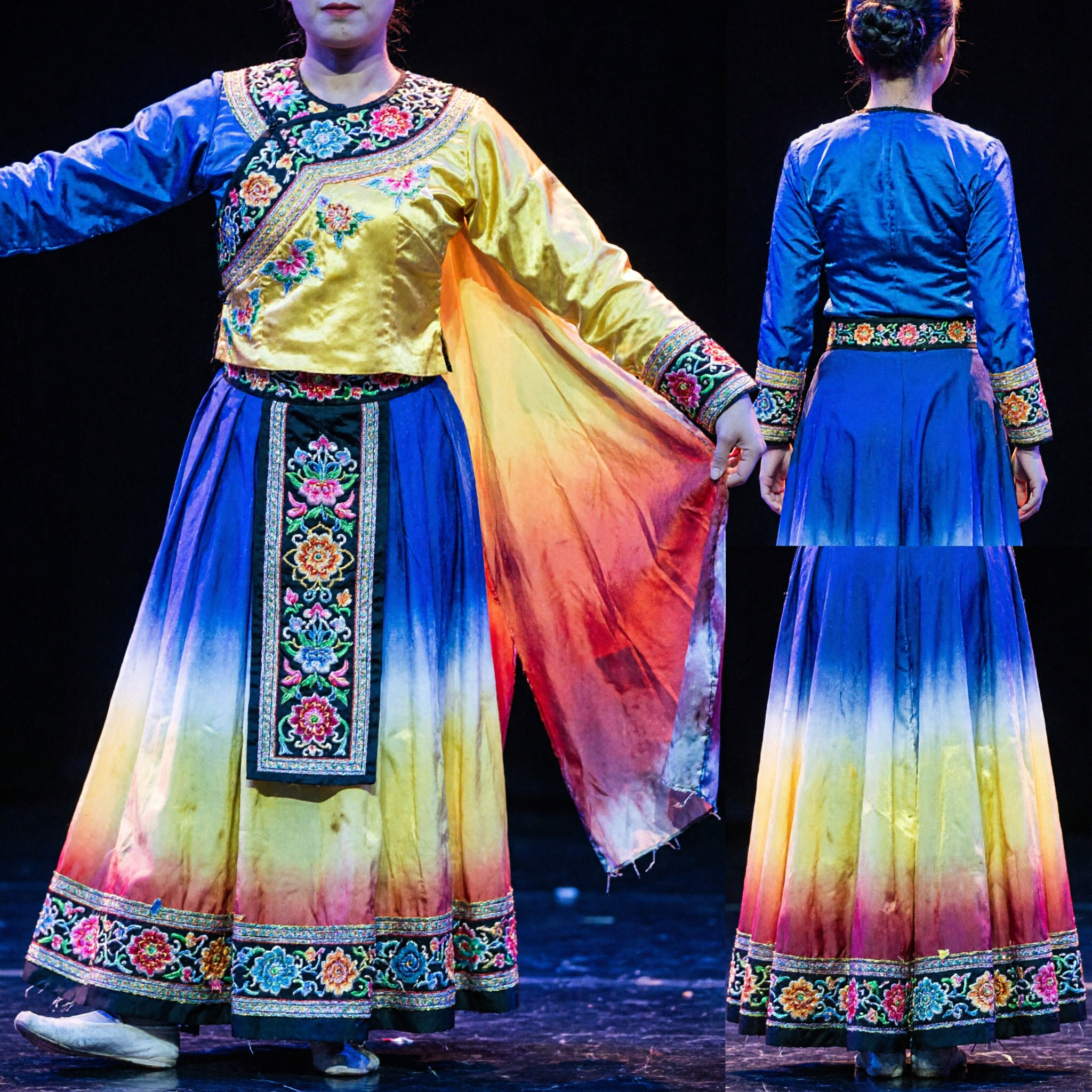 Women's Chinese Classical Dance Costume Yellow Dress with Flowing Colorful Wings for Stage Performance Show