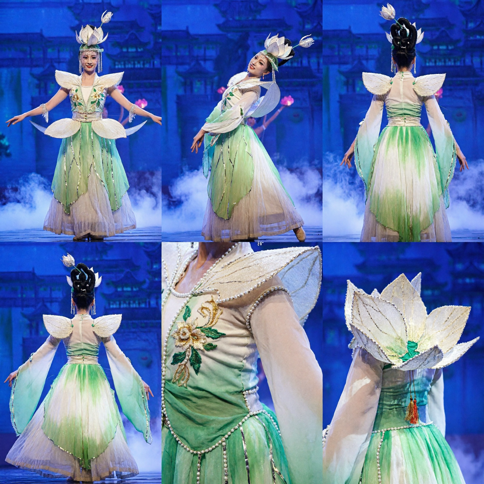 Women's Chinese Classical Dance Costume Lotus Fairy Folk Dance Stage Performance Green Dress for Girls