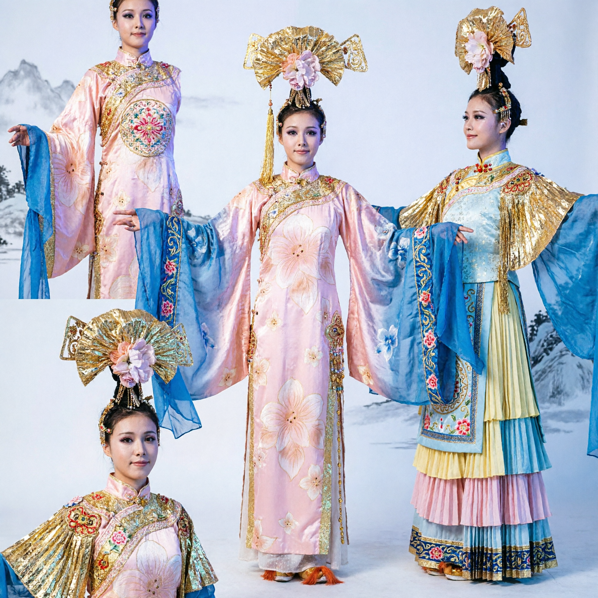 Women's Chinese Classical Dance Costume Set with Golden Fan Sleeves and Ornate Headpiece for Theater Performance