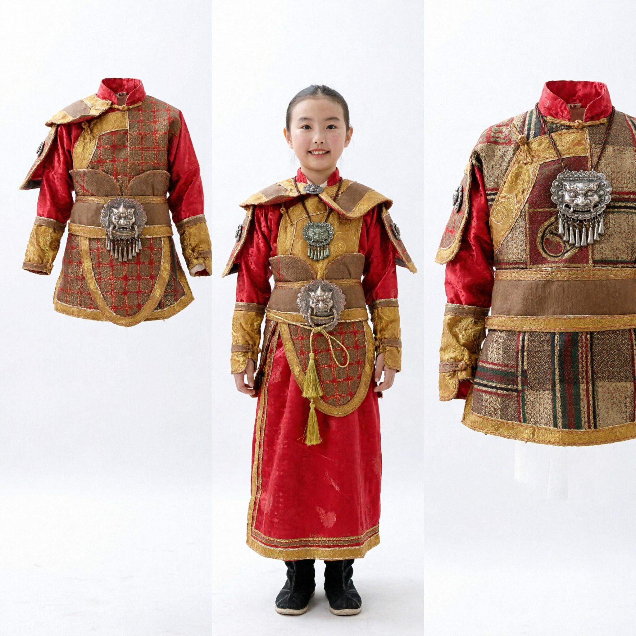 Traditional Chinese Female Warrior Costume Red and Gold Armor Set with Bow for Stage Performance and Cosplay