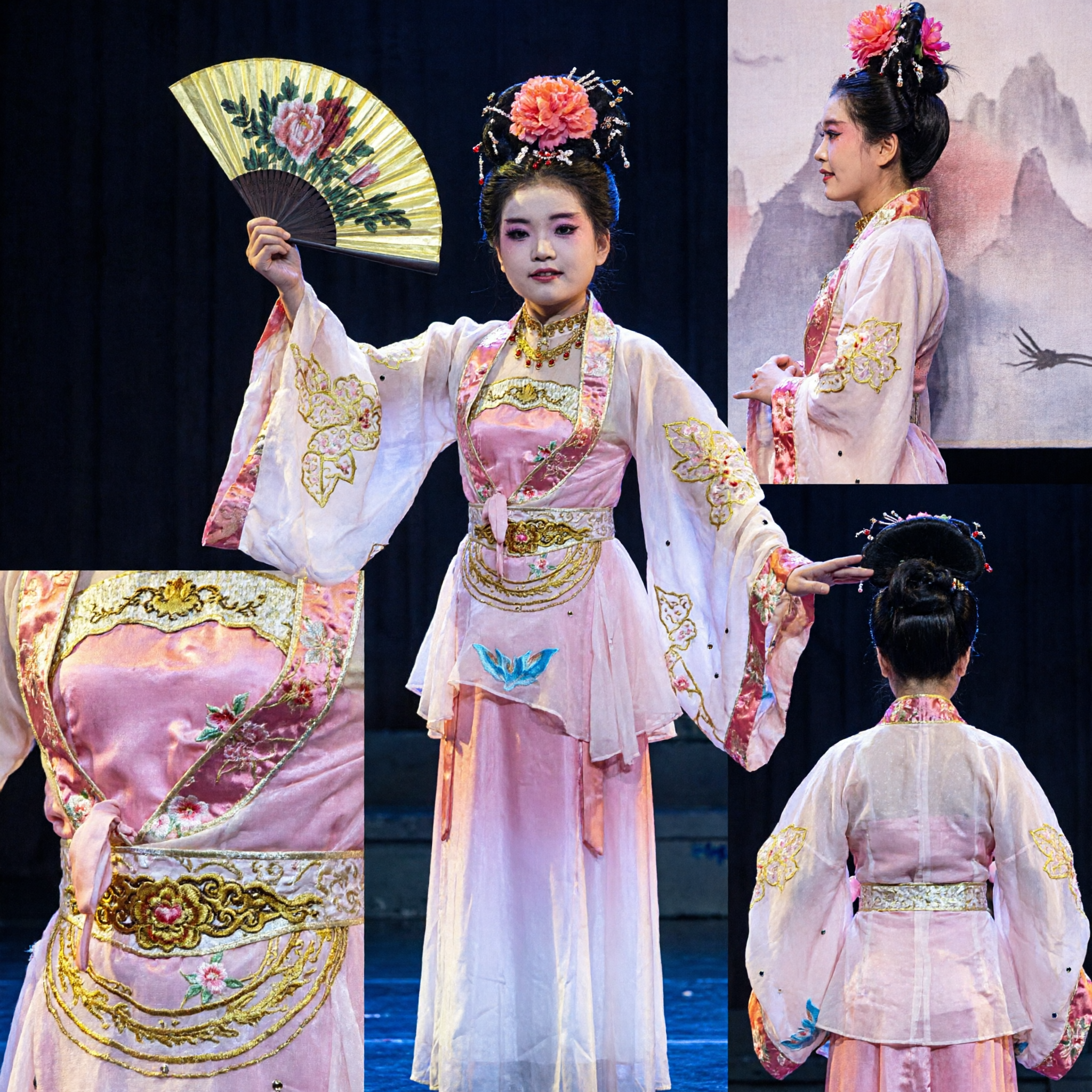 Elegant Pink Traditional Chinese Dance Costume Classical Stage Performance Dress with Gold Embroidery for Women