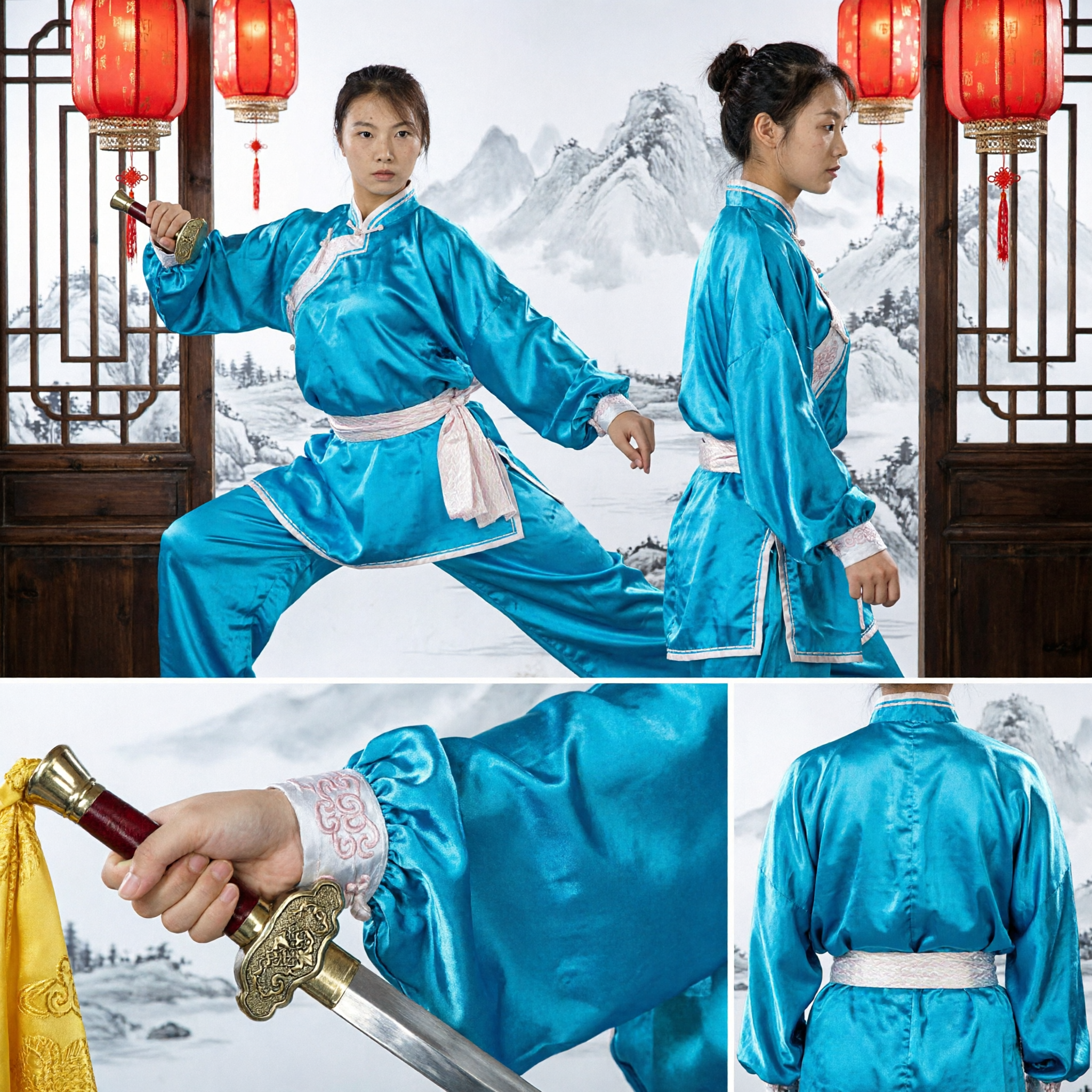 Women's Blue Silk Kung Fu Uniform Set with Tai Chi Sword and Traditional White Shoes