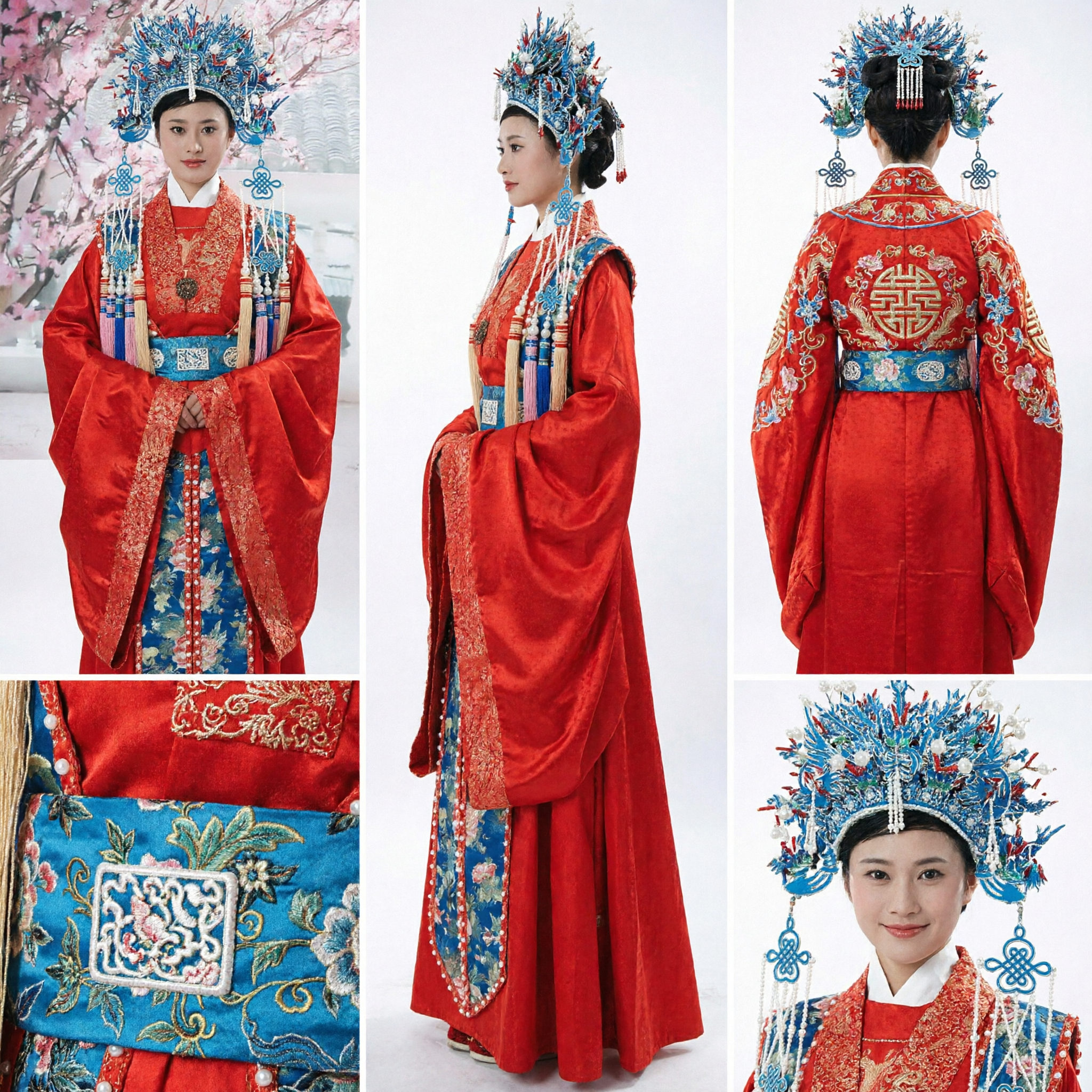 Traditional Chinese Wedding Hanfu Ancient Ming Dynasty Red Embroidered Bridal Robe with Phoenix Crown Headpiece for Women