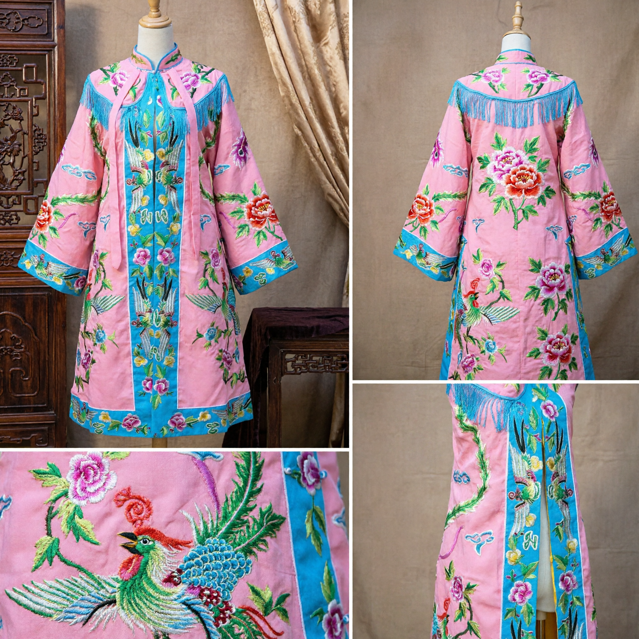Traditional Chinese Peking Opera Pink Embroidered Phoenix Cape Cloak Costume for Female Stage Performance
