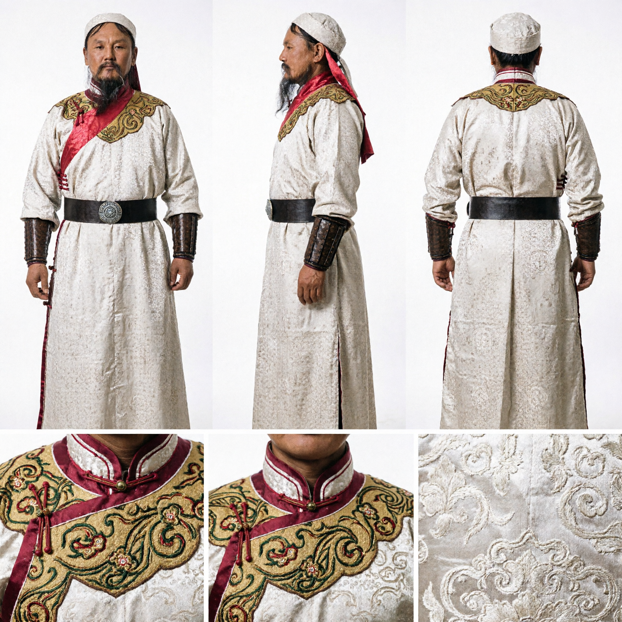 Men's Traditional Mongolian Genghis Khan Costume Historical Warrior Robe and Hat Set for Cosplay