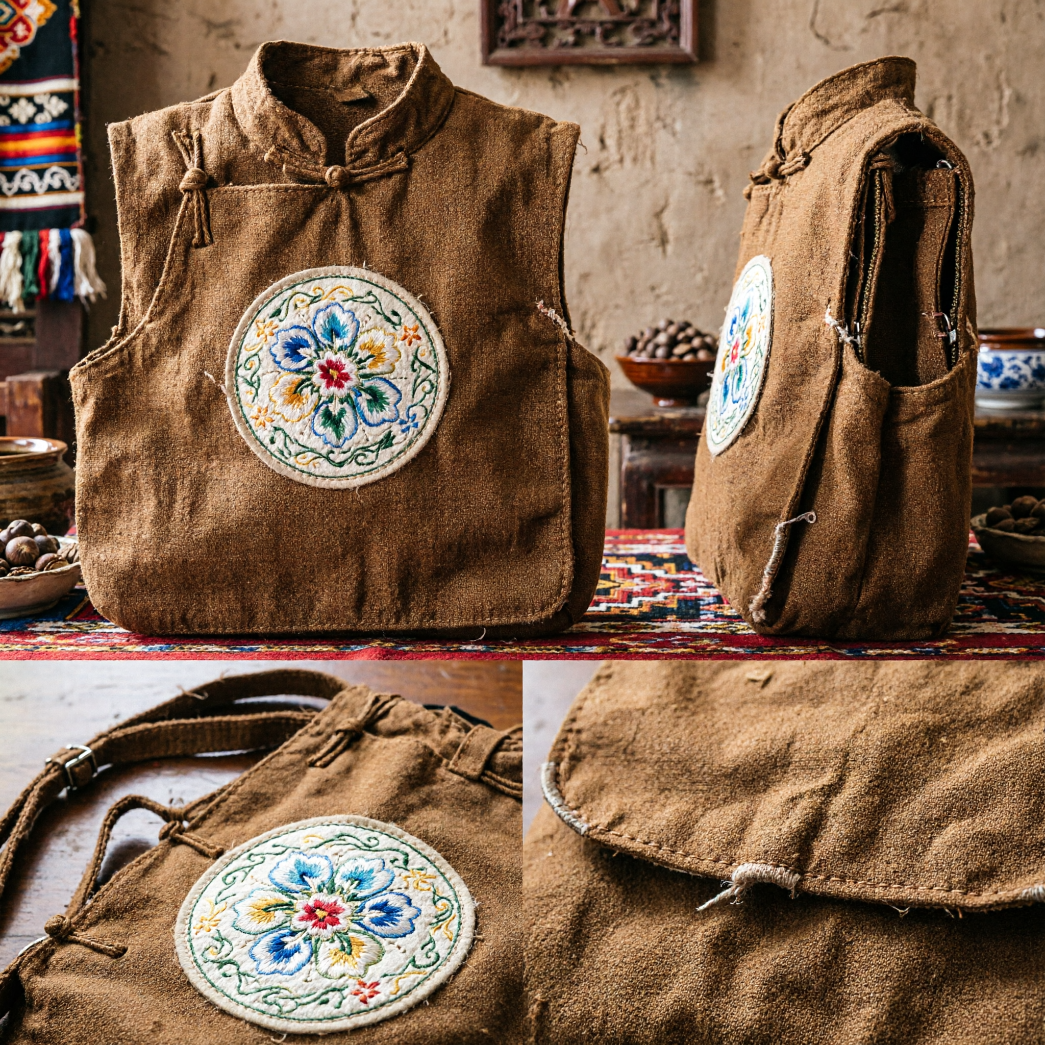 Brown Ethnic Thai Hill Tribe Shoulder Bag Handmade Embroidered Messenger Purse for Women Travel Casual