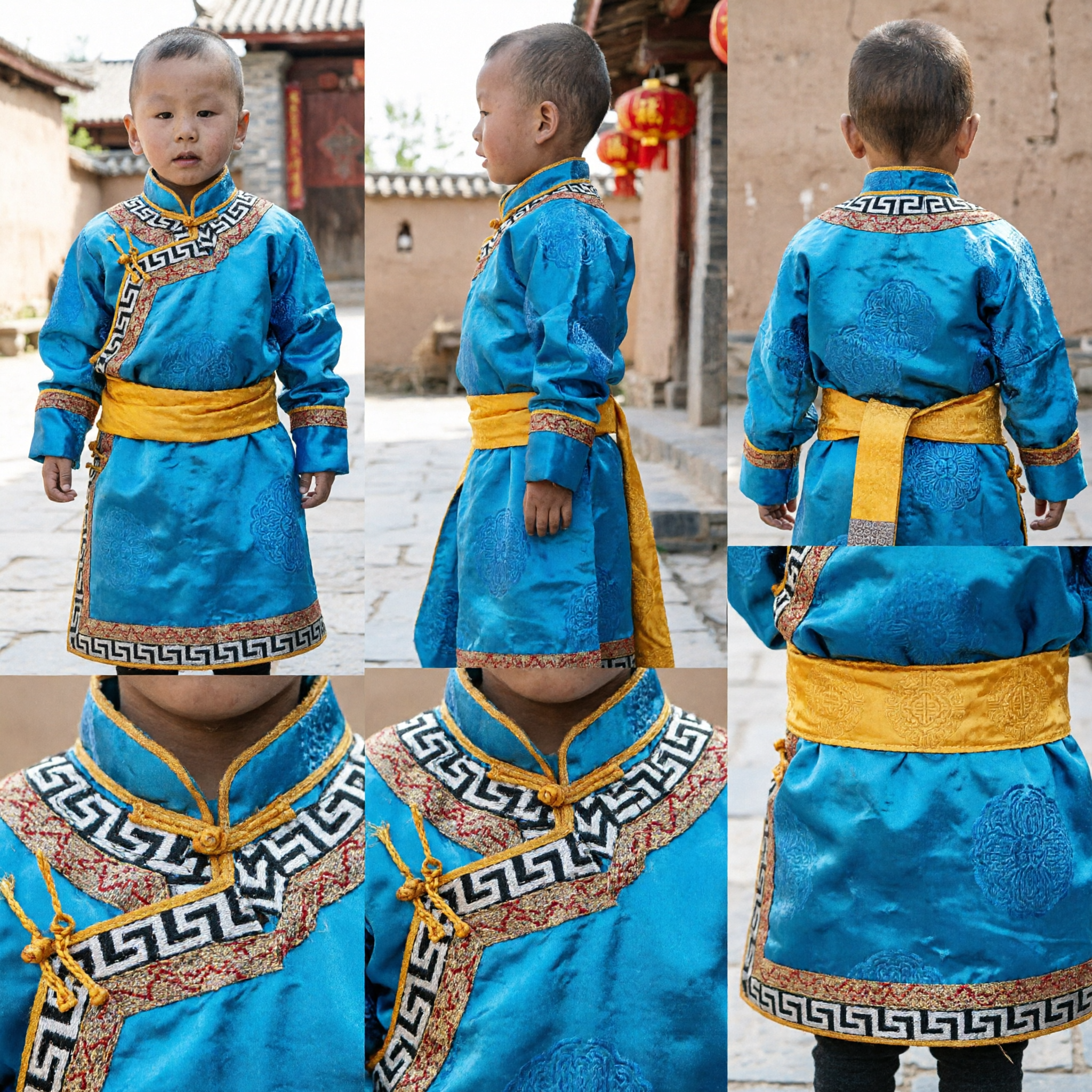 Traditional Mongolian Blue Deel Costume for Boys Kids Ethnic Festival Performance Robe with Hat and Sash