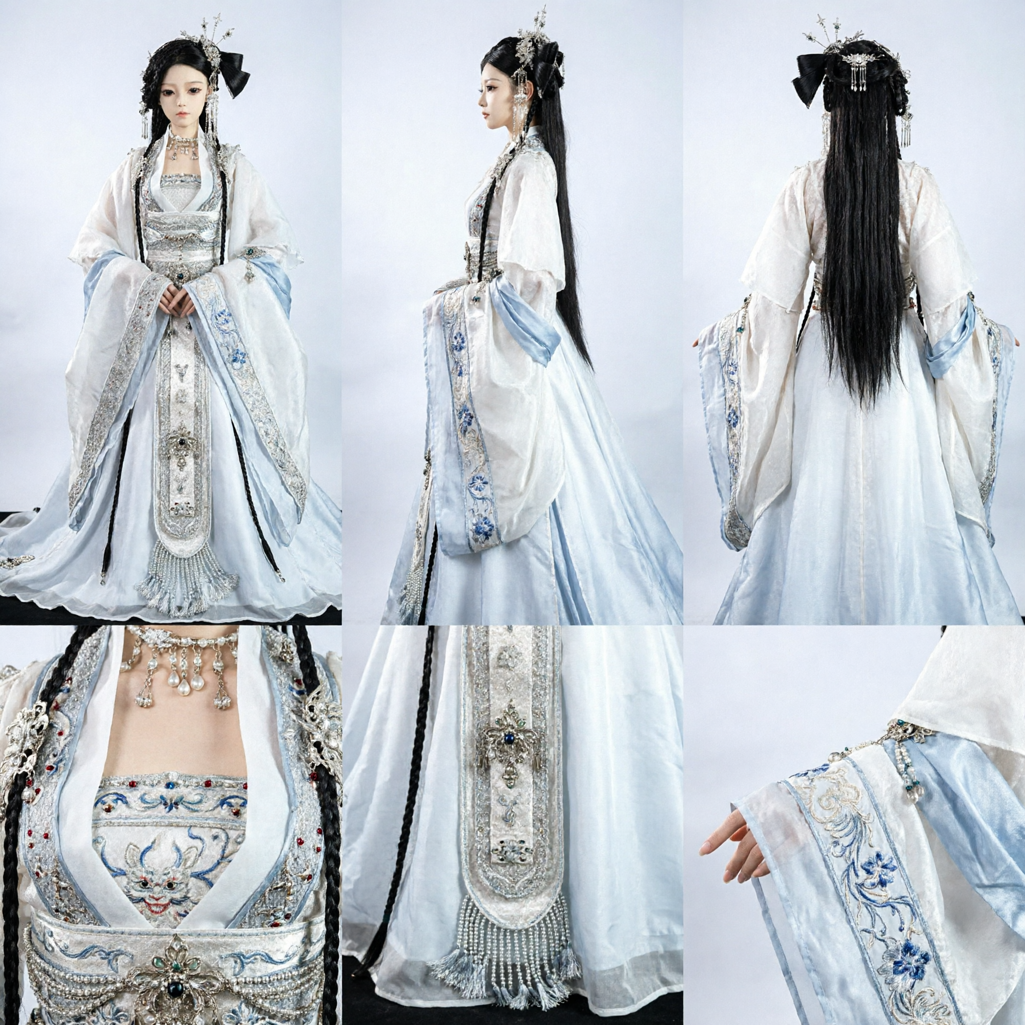 Traditional Chinese Hanfu Wedding Dress White Silver Embroidery Ancient Costume for 1/3 BJD Doll Collectors