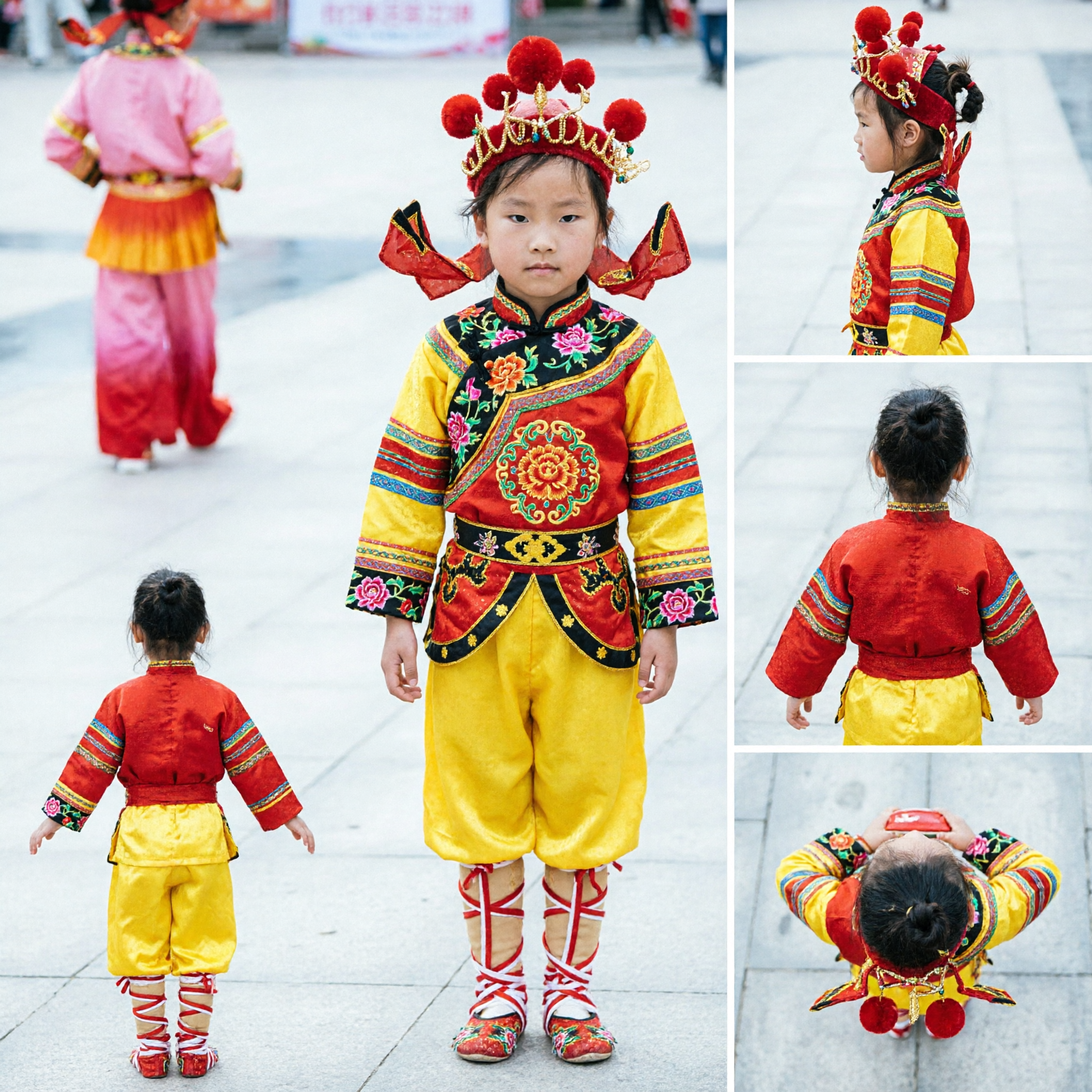 Traditional Chinese Yangge Dance Costume for Boys Kids Yellow Red Folk Festival Performance Outfit with Stilts