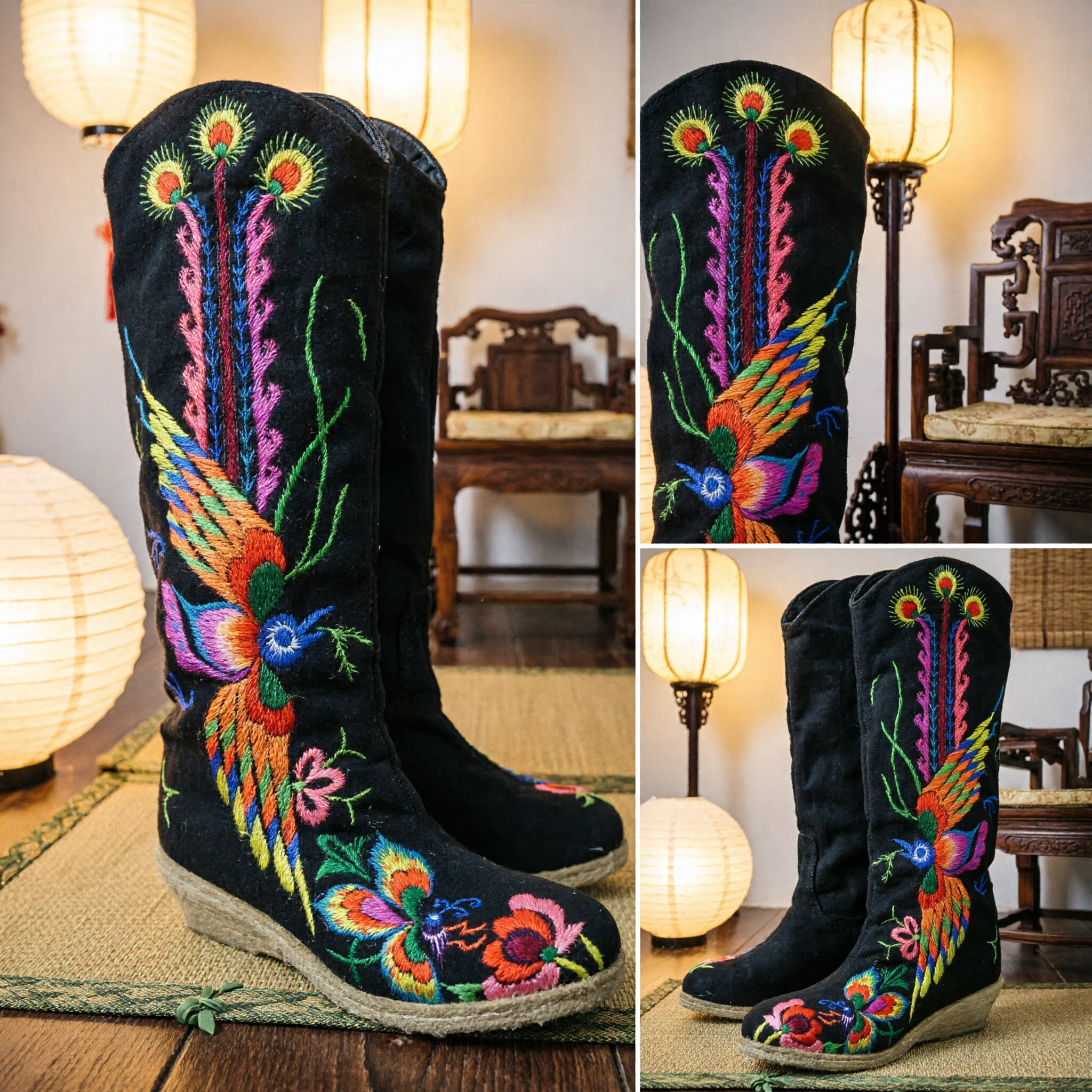 Women's Traditional Chinese Ethnic Boots Hand Embroidered Phoenix Floral Pattern for Hanfu and Folk Dance